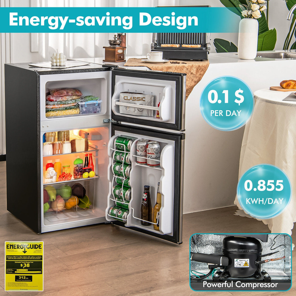 3.2 Cu. Ft Compact Mini Fridge with 5 Temperature Settings-Sliver-Refrigerators-DECOROLALA