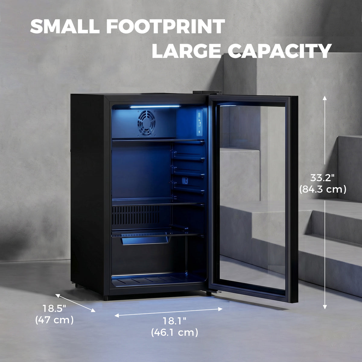 3.2 Cu.Ft Beverage Fridge, 128 Can Drink Fridge with Glass Door, Auto-Defrost and LED Light for Soda, Beer, Black-Small Kitchen Appliances-DECOROLALA
