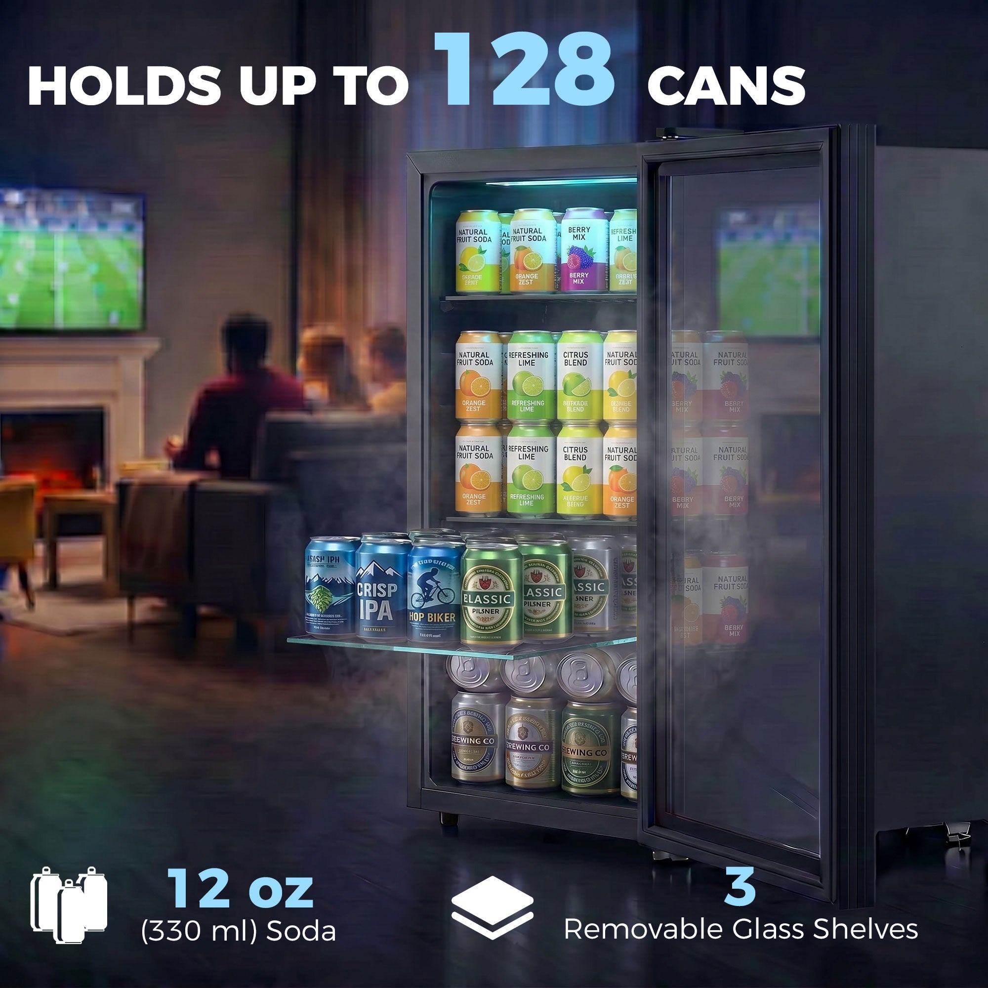 3.2 Cu.Ft Beverage Fridge, 128 Can Drink Fridge with Glass Door, Auto-Defrost and LED Light for Soda, Beer, Black-Small Kitchen Appliances-DECOROLALA