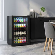 3.2 Cu.Ft Beverage Fridge, 128 Can Drink Fridge with Glass Door, Auto-Defrost and LED Light for Soda, Beer, Black-Small Kitchen Appliances-DECOROLALA