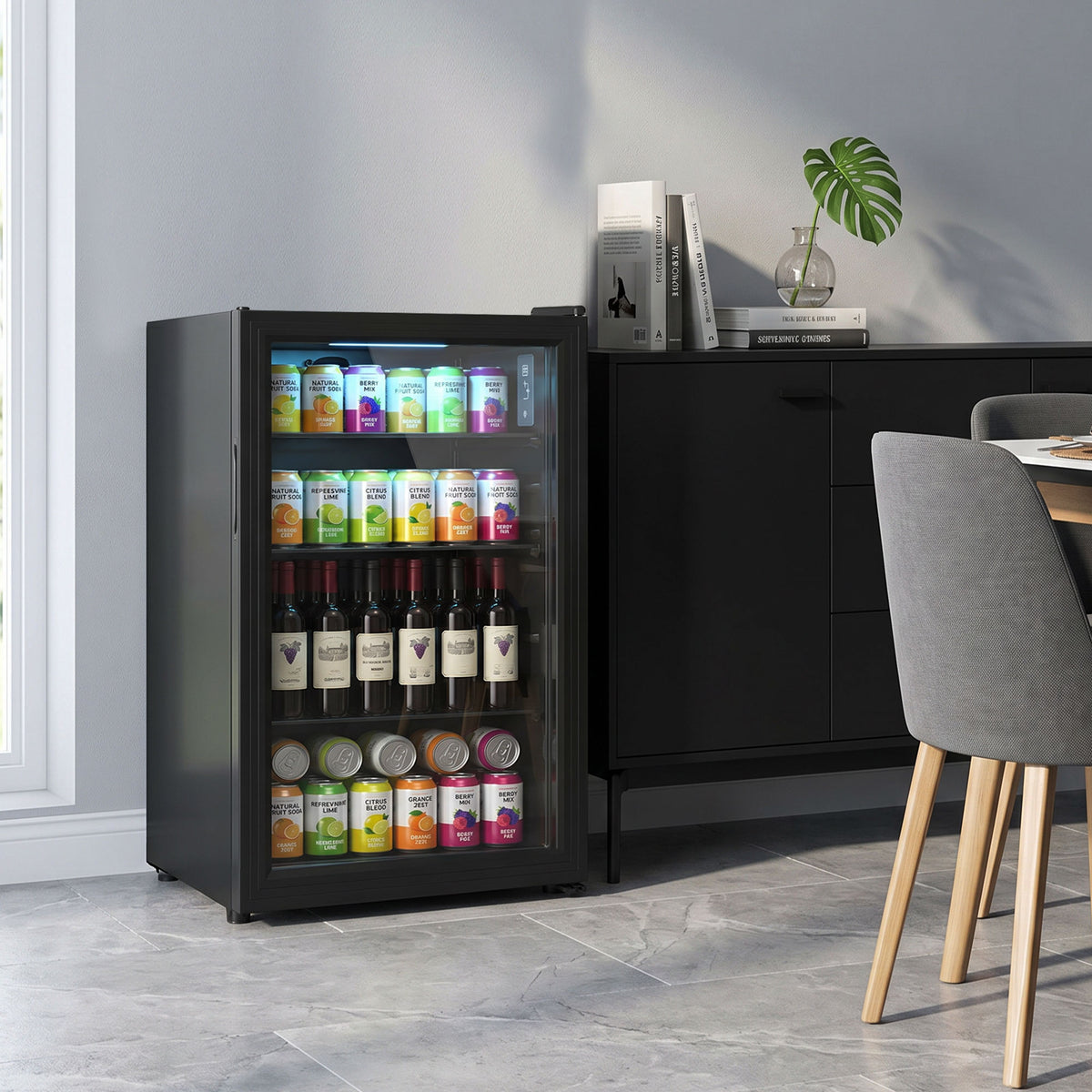 3.2 Cu.Ft Beverage Fridge, 128 Can Drink Fridge with Glass Door, Auto-Defrost and LED Light for Soda, Beer, Black-Small Kitchen Appliances-DECOROLALA