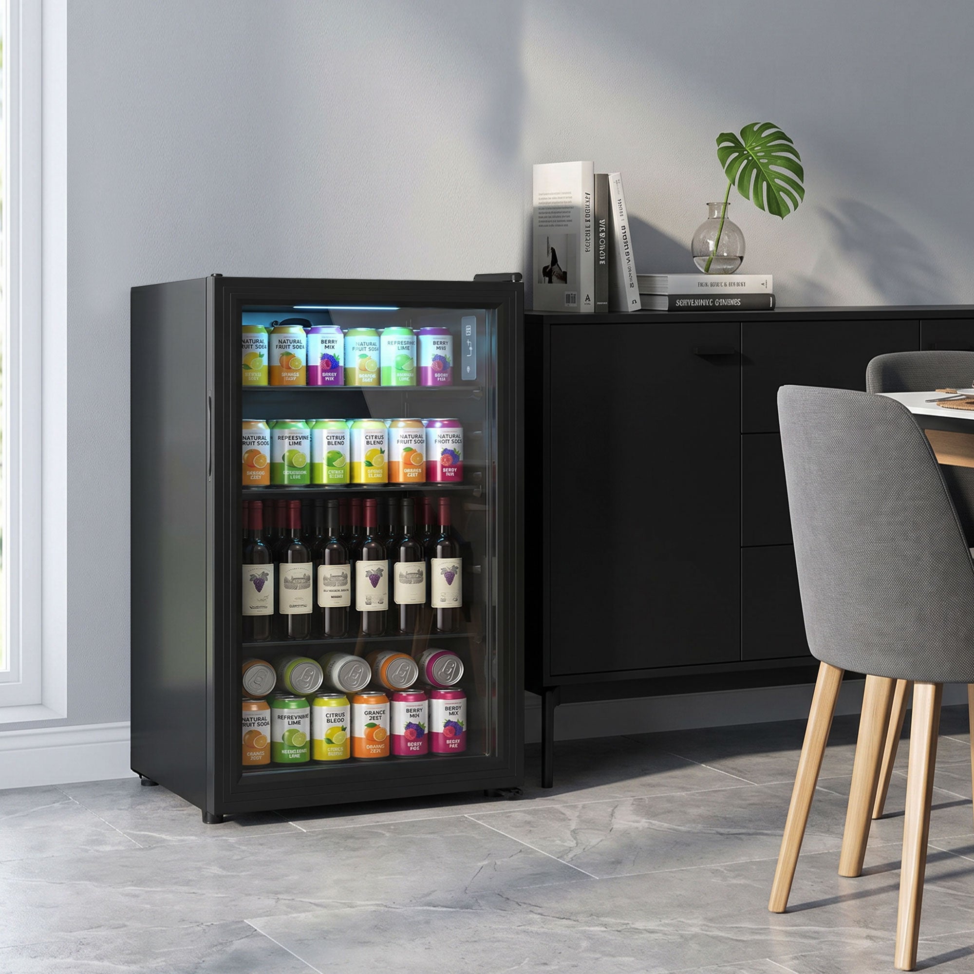 3.2 Cu.Ft Beverage Fridge, 128 Can Drink Fridge with Glass Door, Auto-Defrost and LED Light for Soda, Beer, Black-Small Kitchen Appliances-DECOROLALA