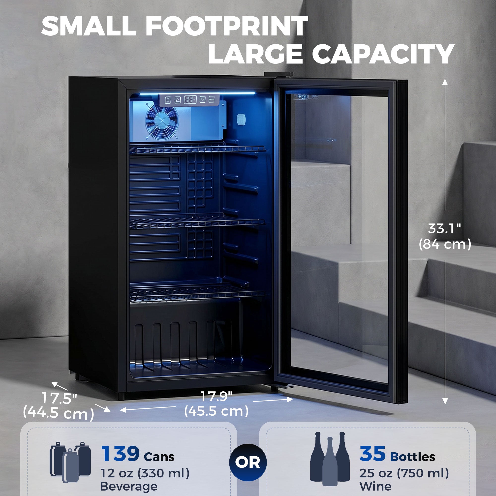 3.2 Cu.Ft Beverage Refrigerator - 139 Can Cooler Black-Home Furnishings > Appliances > Small¬†Kitchen¬†Appliances-DECOROLALA