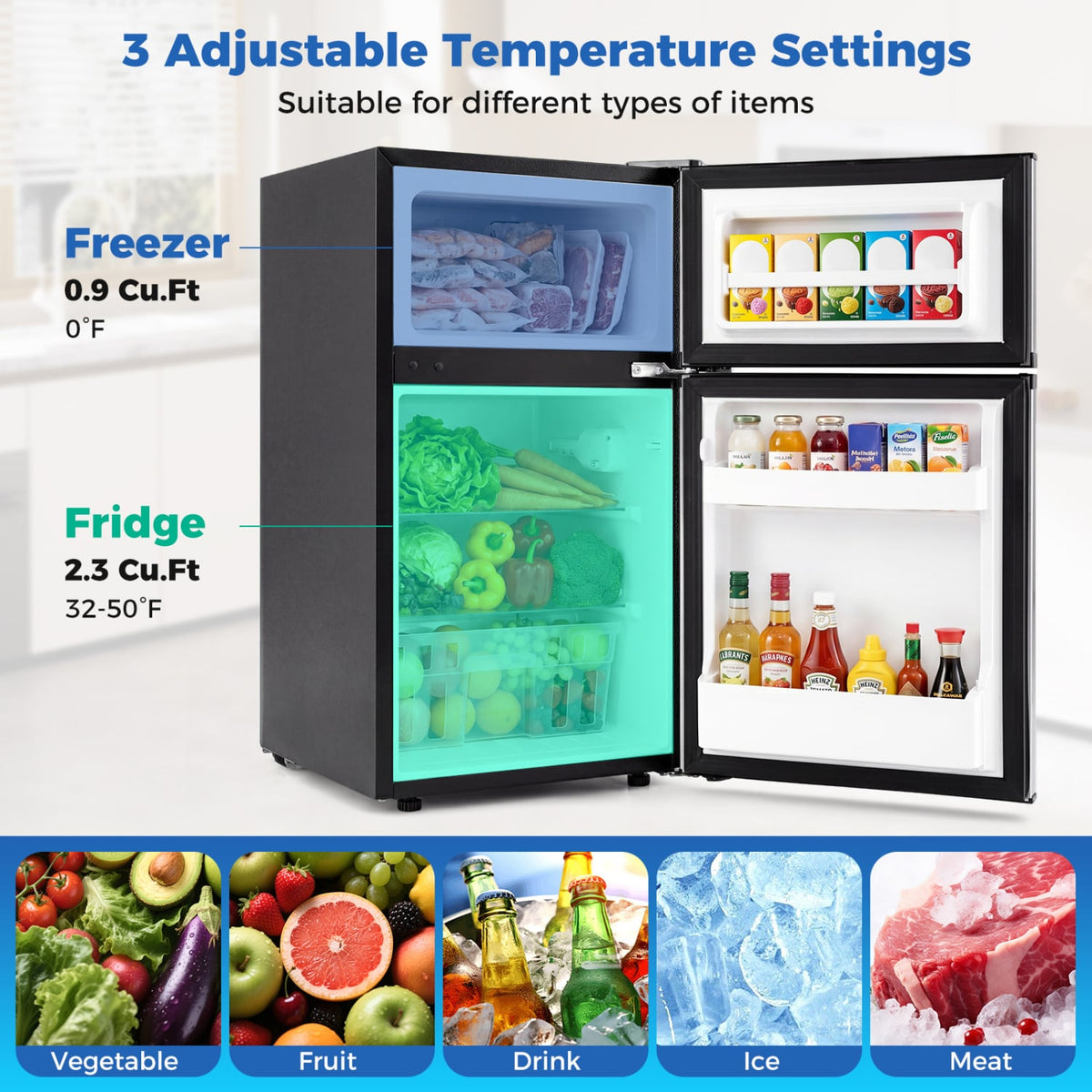 3.2 Cu.Ft Mini Fridge with Freezer Double Door Small Refrigerator with Adjustable Thermostat-Silver-Refrigerators-DECOROLALA