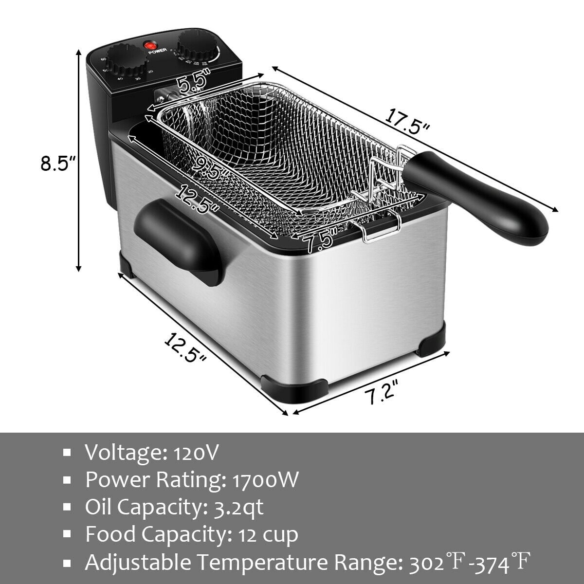 3.2 Quart Electric Stainless Steel Deep Fryer with Timer-Silver-Air Fryers-DECOROLALA