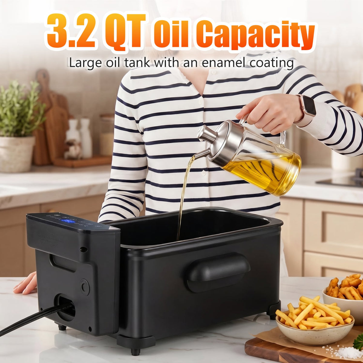 3.2-Qt Electric Deep Fryer with 1700W LED Touch Screen and Enamel Oil Tank-Black-Air Fryers-DECOROLALA