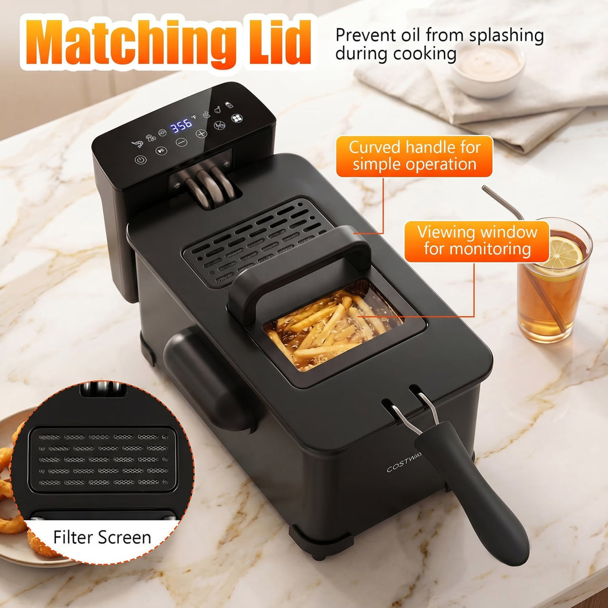 3.2-Qt Electric Deep Fryer with 1700W LED Touch Screen and Enamel Oil Tank-Black-Air Fryers-DECOROLALA