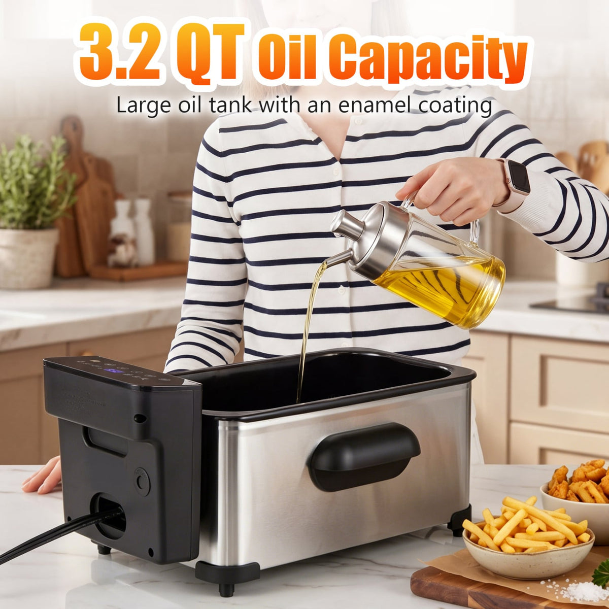 3.2-Qt Electric Deep Fryer with 1700W LED Touch Screen and Enamel Oil Tank-Silver-Air Fryers-DECOROLALA
