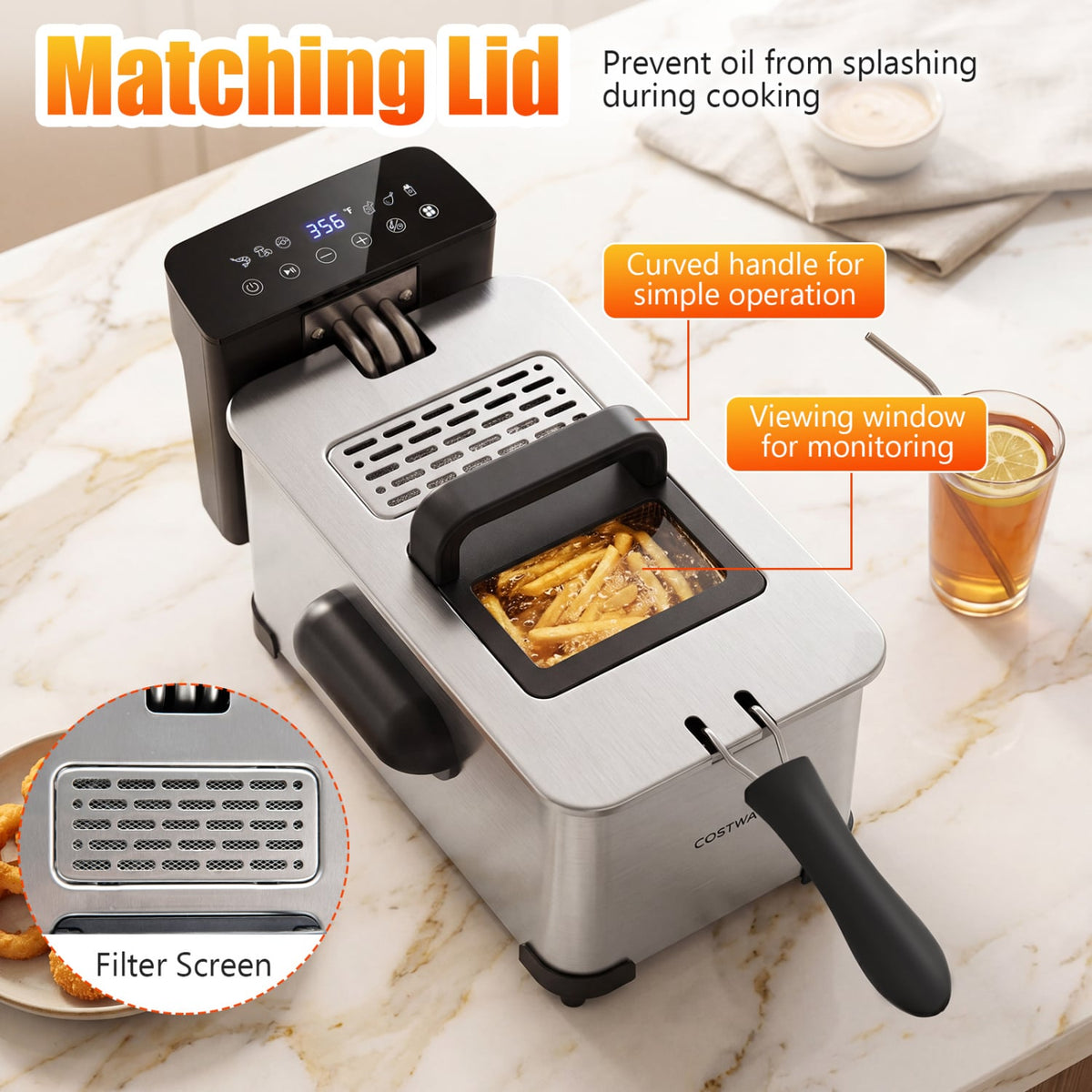 3.2-Qt Electric Deep Fryer with 1700W LED Touch Screen and Enamel Oil Tank-Silver-Air Fryers-DECOROLALA