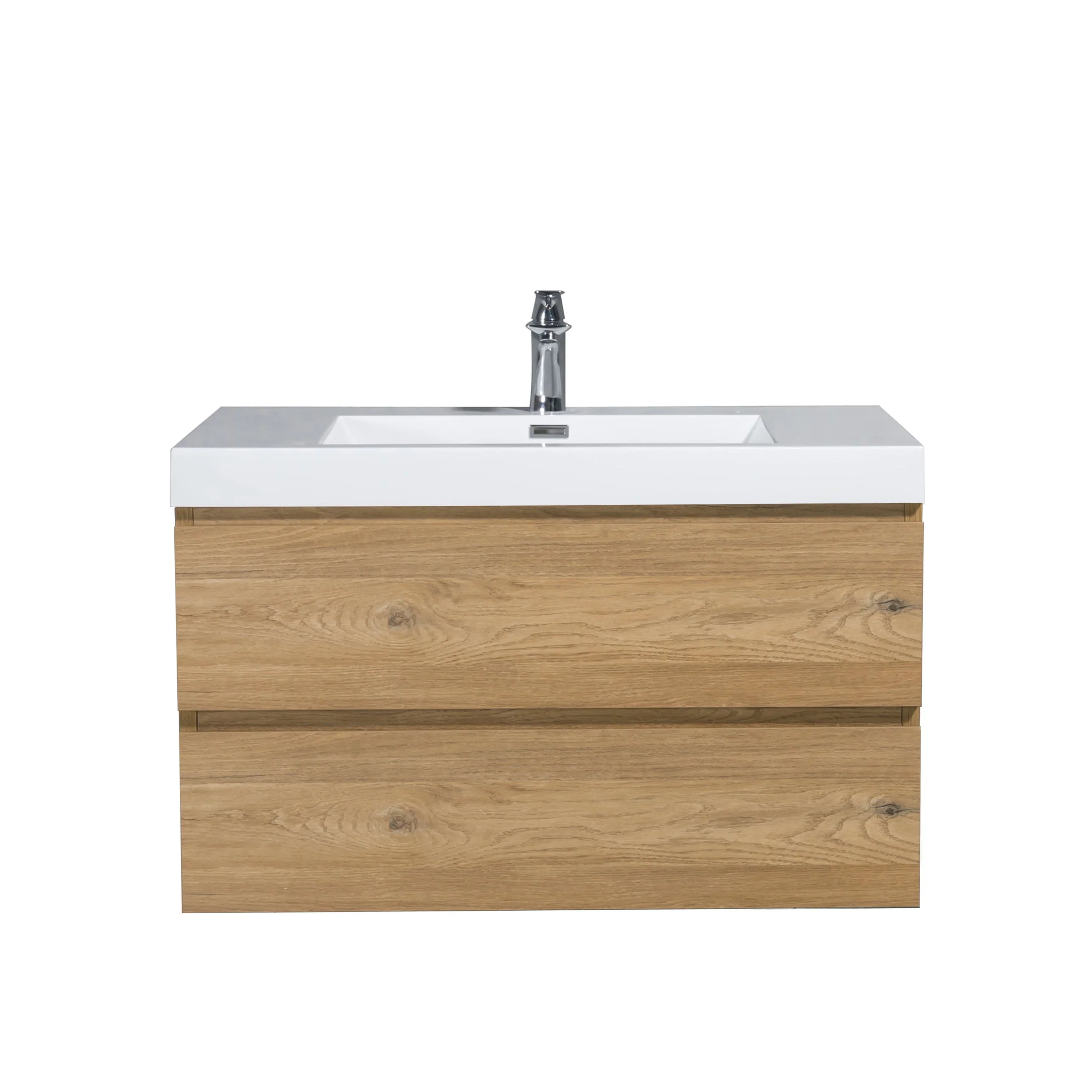 36" Rough Oak Wall Mount Bathroom Vanity with White Polymarble Countertop