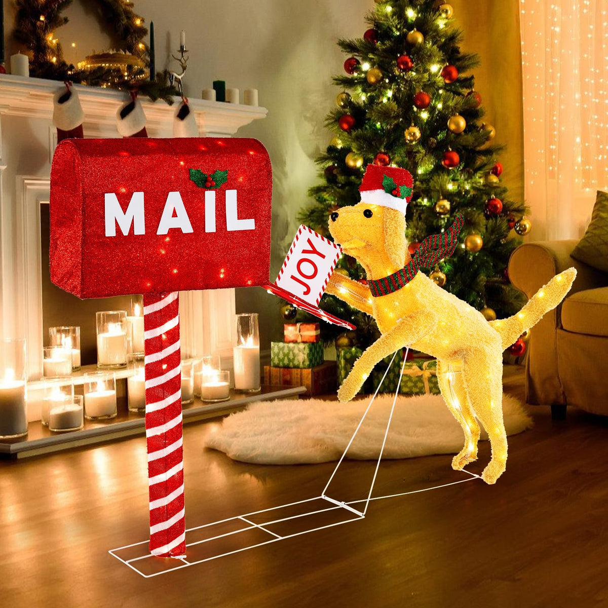 3.5 ft Christmas Mail Box with Dog and 120 Warm White LED Lights-Christmas Decorations & Accessories-DECOROLALA