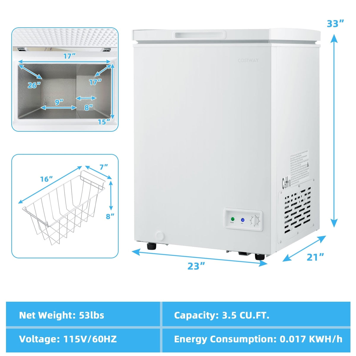 3.5/5 Cu.ft Compact Chest Freezer with Removable Storage Basket-3.5 Cubic-Freezers-DECOROLALA