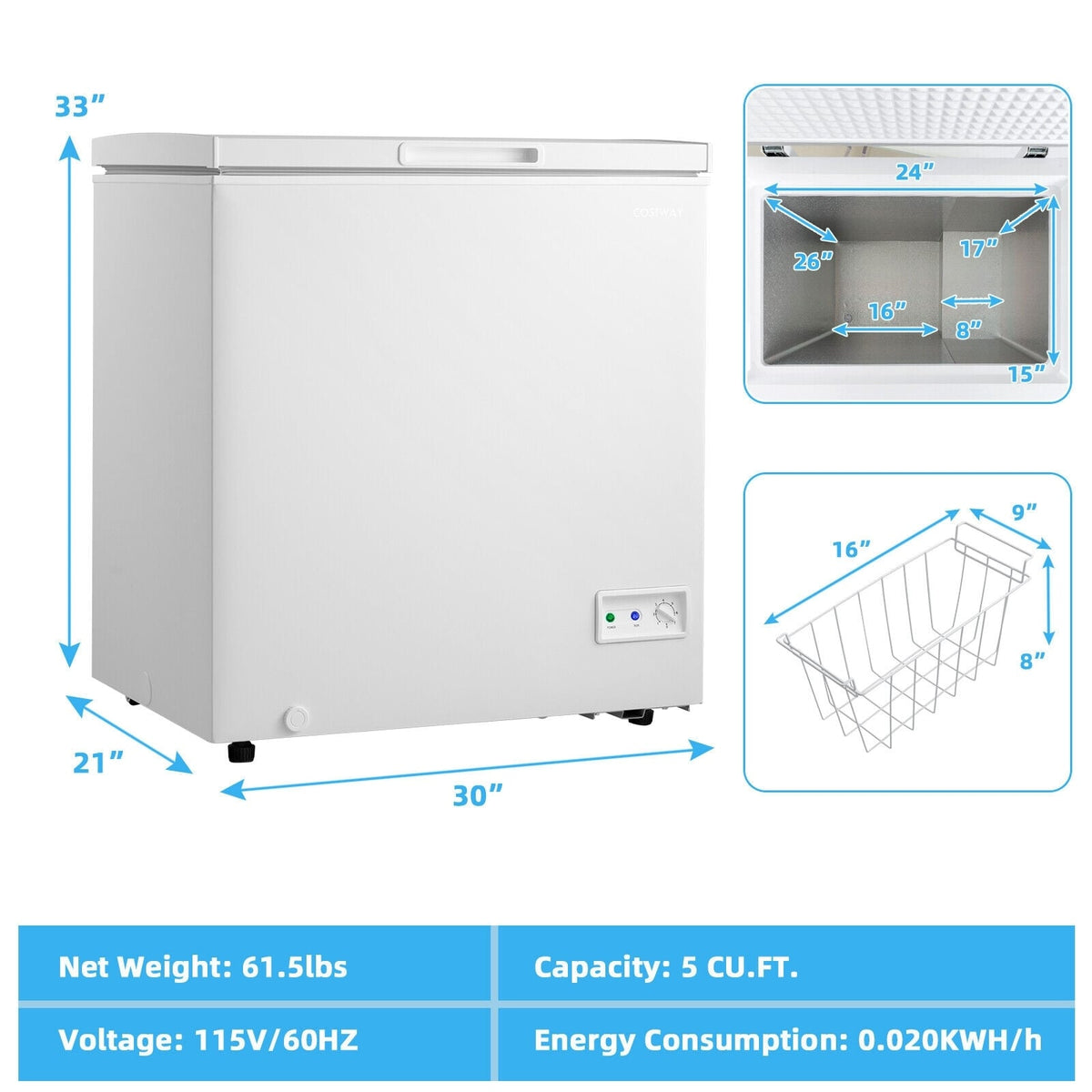 3.5/5 Cu.ft Compact Chest Freezer with Removable Storage Basket-5 Cubic Feet-Freezers-DECOROLALA