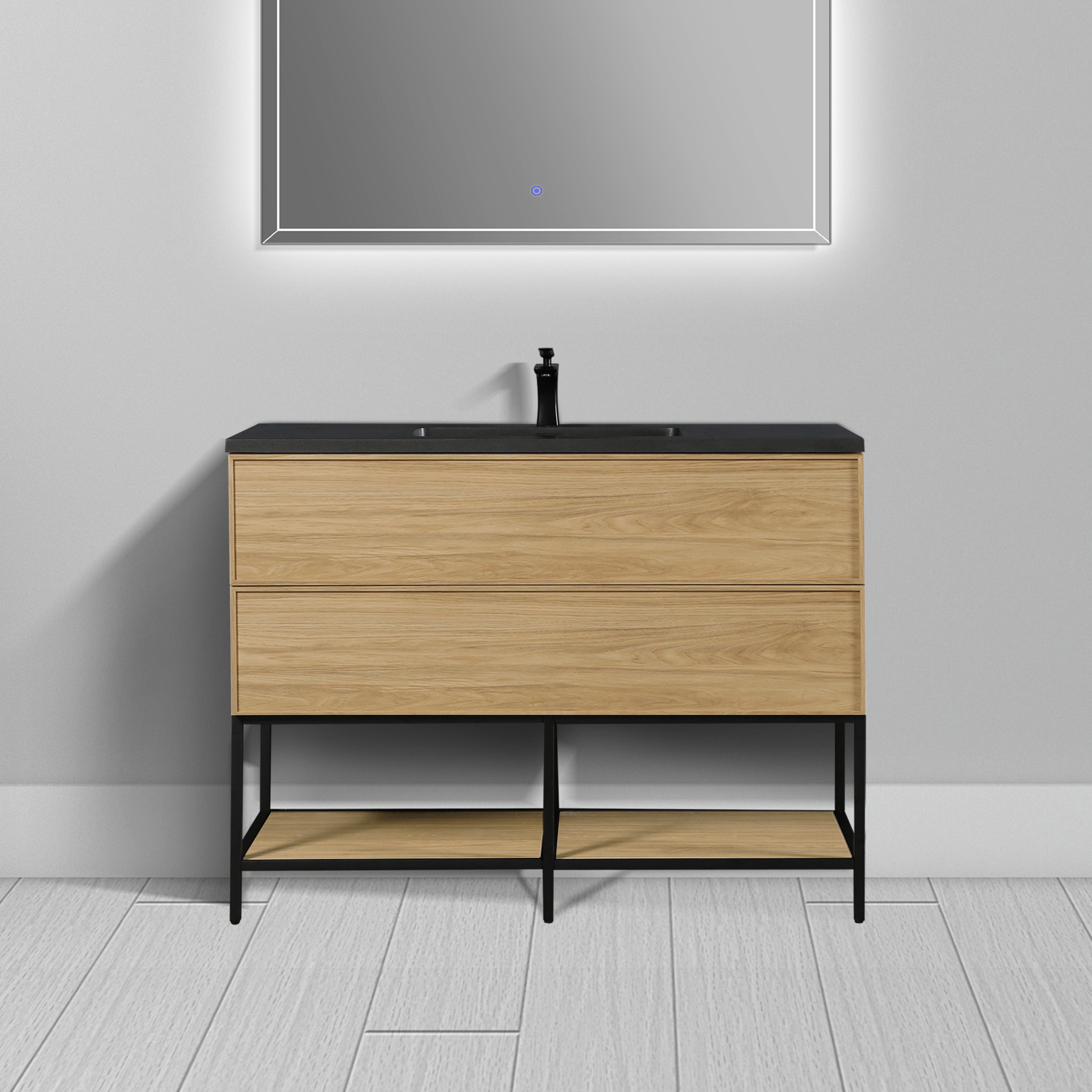 48" Sunset Walnut Wall Mount Bathroom Vanity with Black Engineered Quartz Countertop