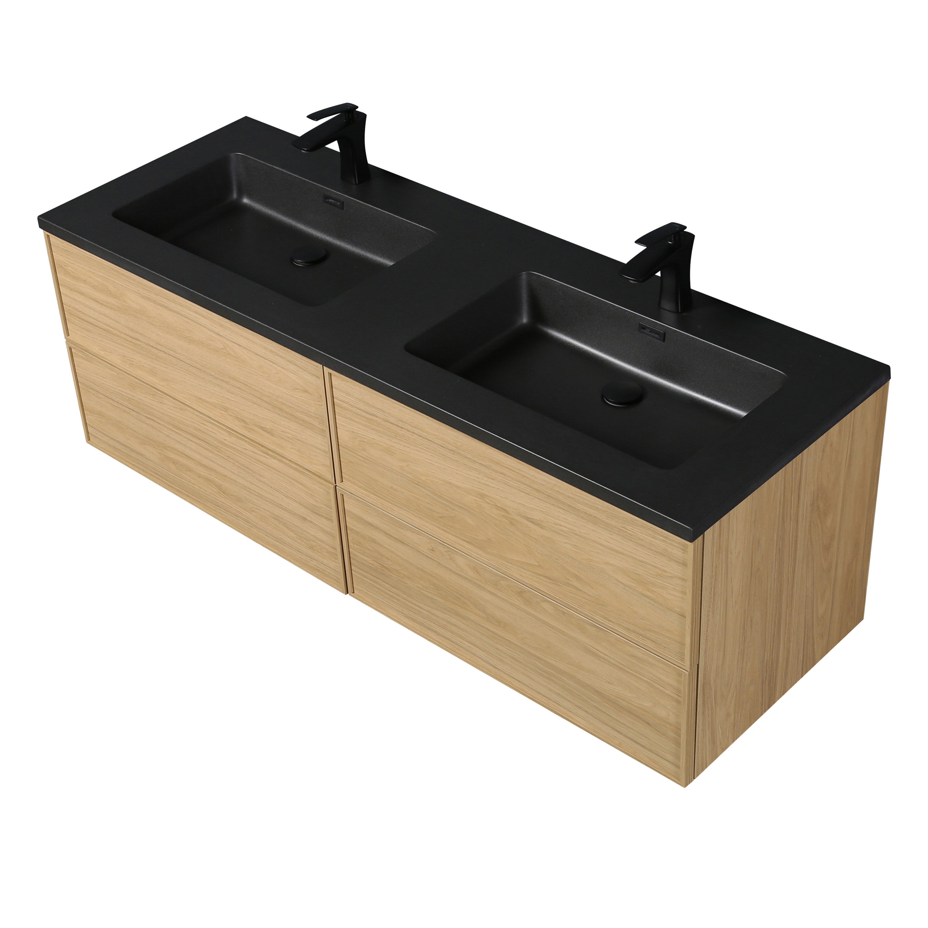 60" Sunset Walnut Wall Mount Double Sink Bathroom Vanity with Black Engineered Quartz Countertop
