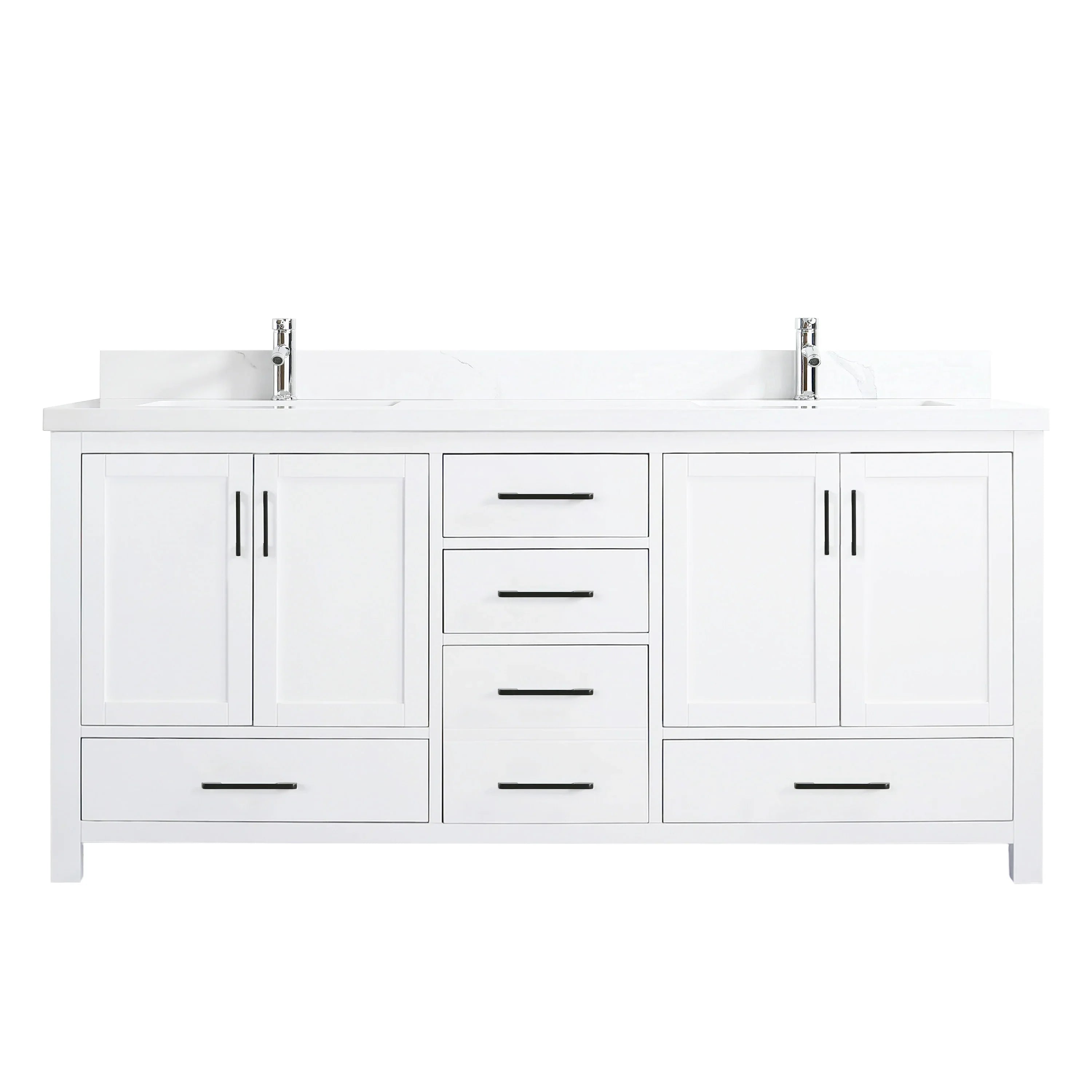 72" White Freestanding Double Sink Bathroom Vanity with Engineered Calcutta Marble