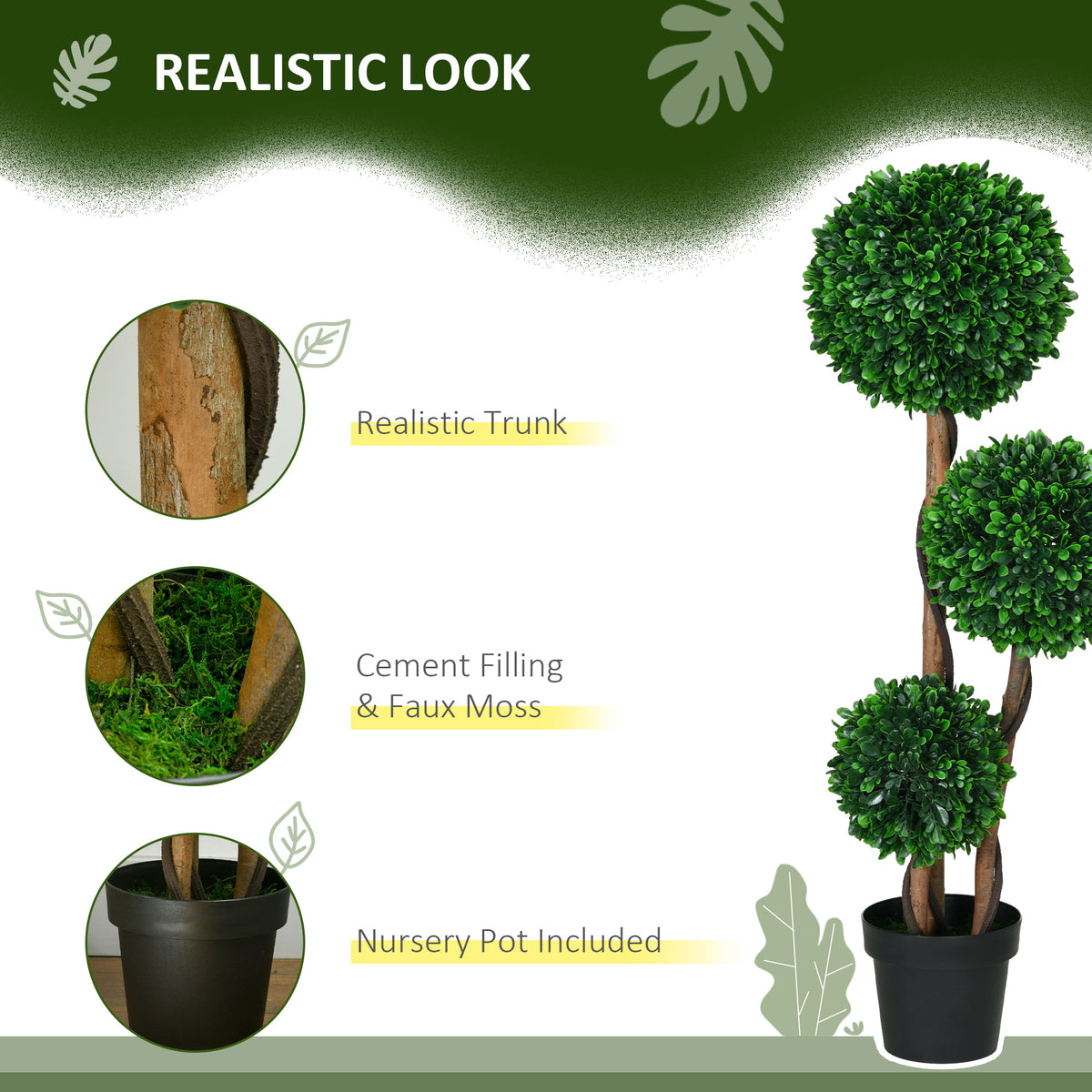 3.6ft Artificial Tree, Triple Ball Boxwood Topiary with Pot and Sandalwood Leaves, for Indoor Outdoor Home-Artificial Trees-DECOROLALA