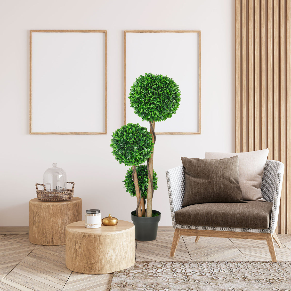 3.6ft Artificial Tree, Triple Ball Boxwood Topiary with Pot and Sandalwood Leaves, for Indoor Outdoor Home-Artificial Trees-DECOROLALA