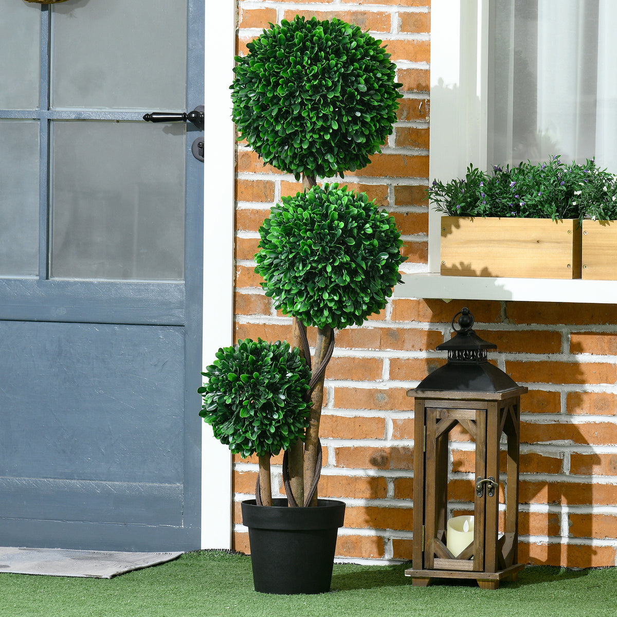 3.6ft Artificial Tree, Triple Ball Boxwood Topiary with Pot and Sandalwood Leaves, for Indoor Outdoor Home-Artificial Trees-DECOROLALA