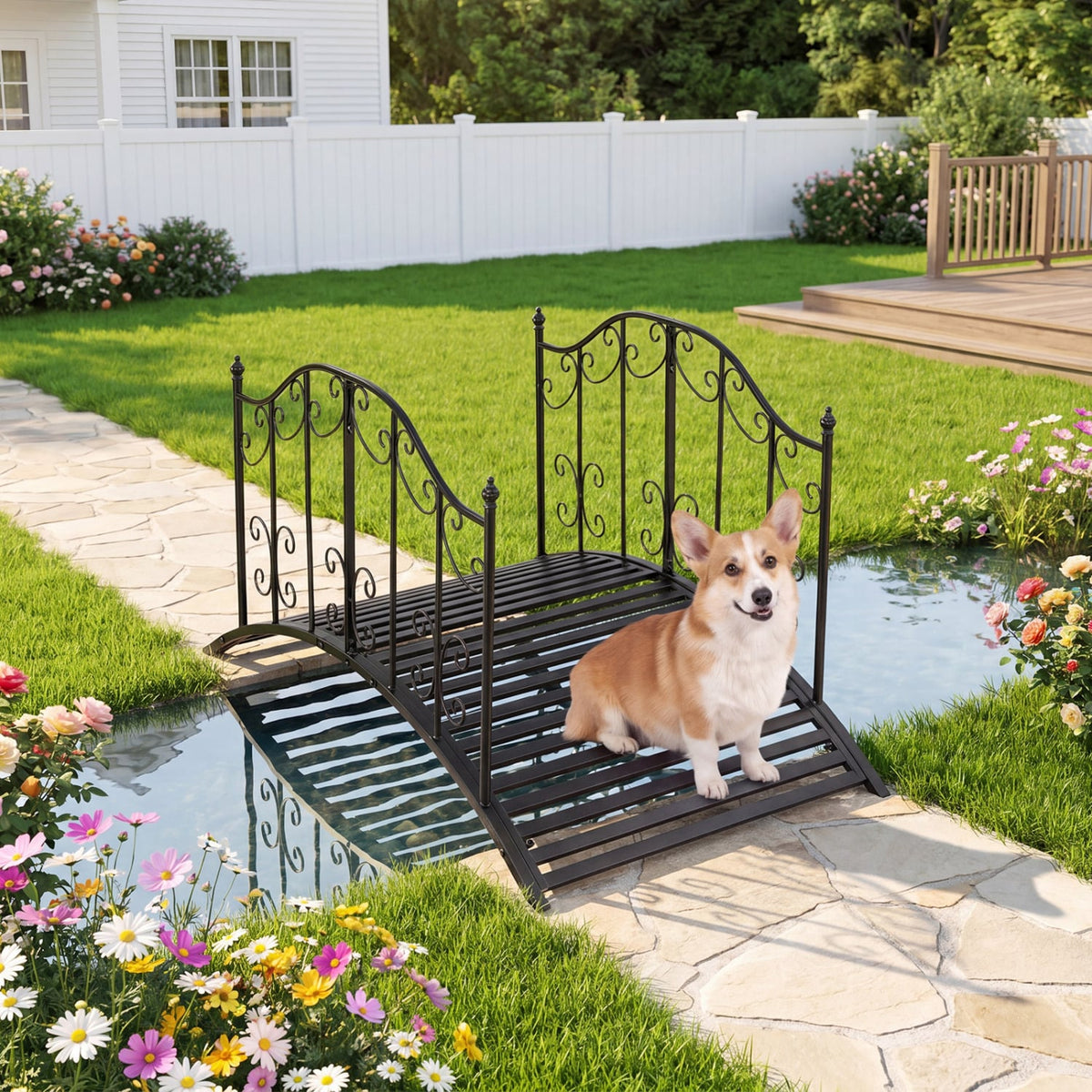 3.9 ft Garden Metal Bridge with Dual Patterned Side Rails-Outdoor Decor-DECOROLALA