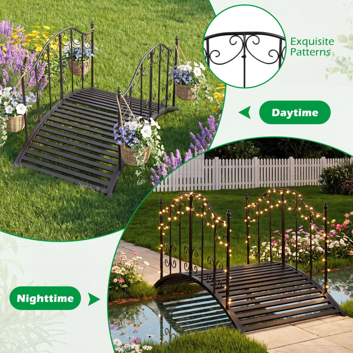 3.9 ft Garden Metal Bridge with Dual Patterned Side Rails-Outdoor Decor-DECOROLALA
