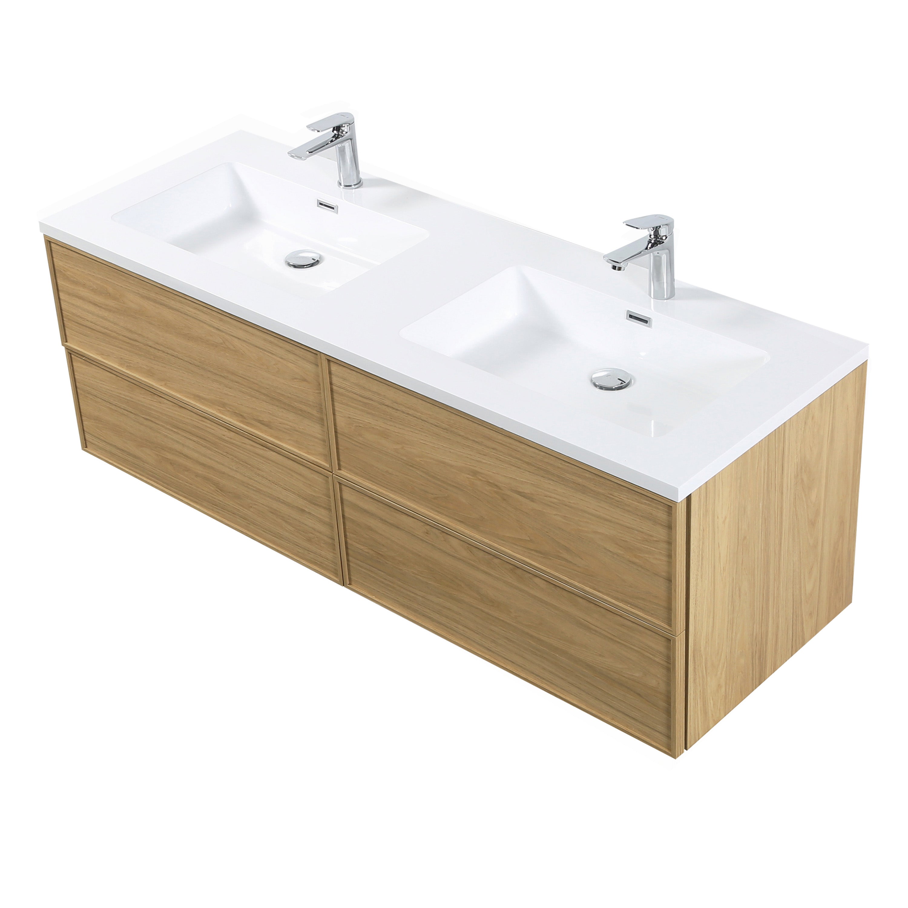 60" Sunset Walnut Wall Mount Double Sink Bathroom Vanity with White Polymarble Countertop