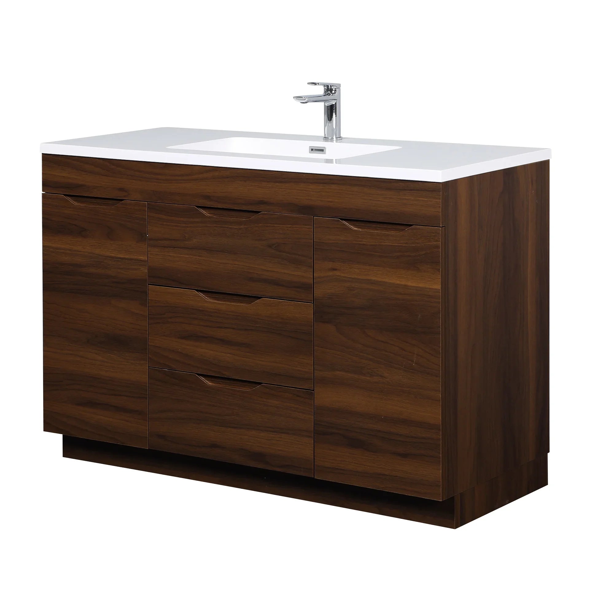 48" Walnut Freestanding Bathroom Vanity with White Polymarble Countertop
