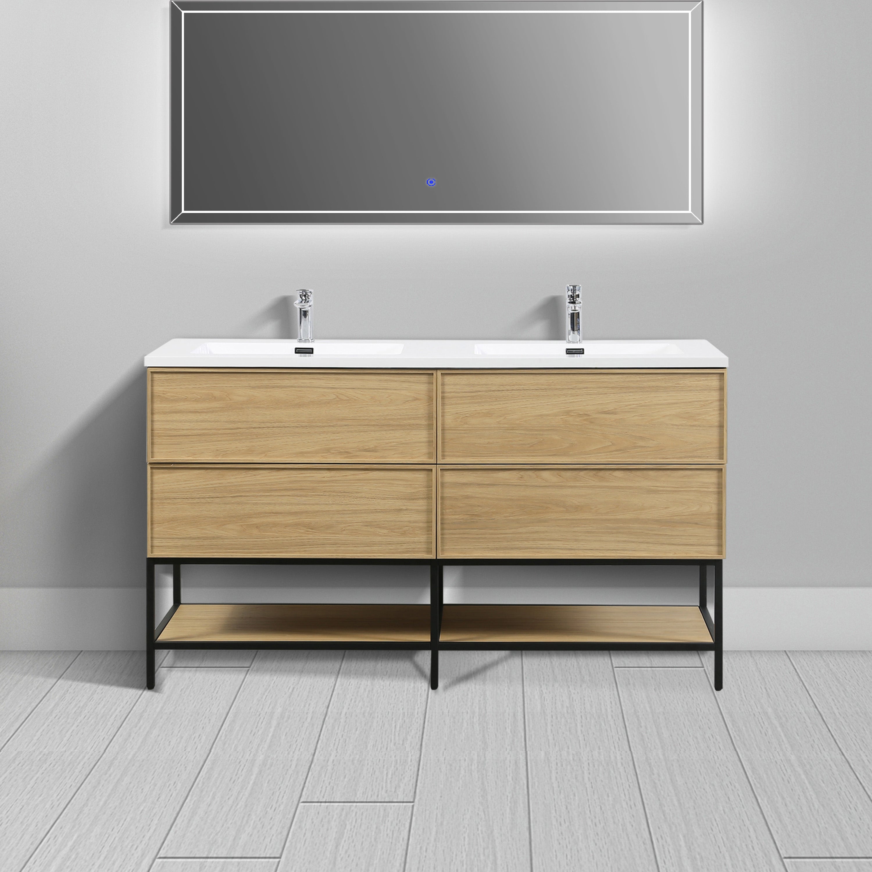 60" Sunset Walnut Wall Mount Double Sink Bathroom Vanity with White Polymarble Countertop