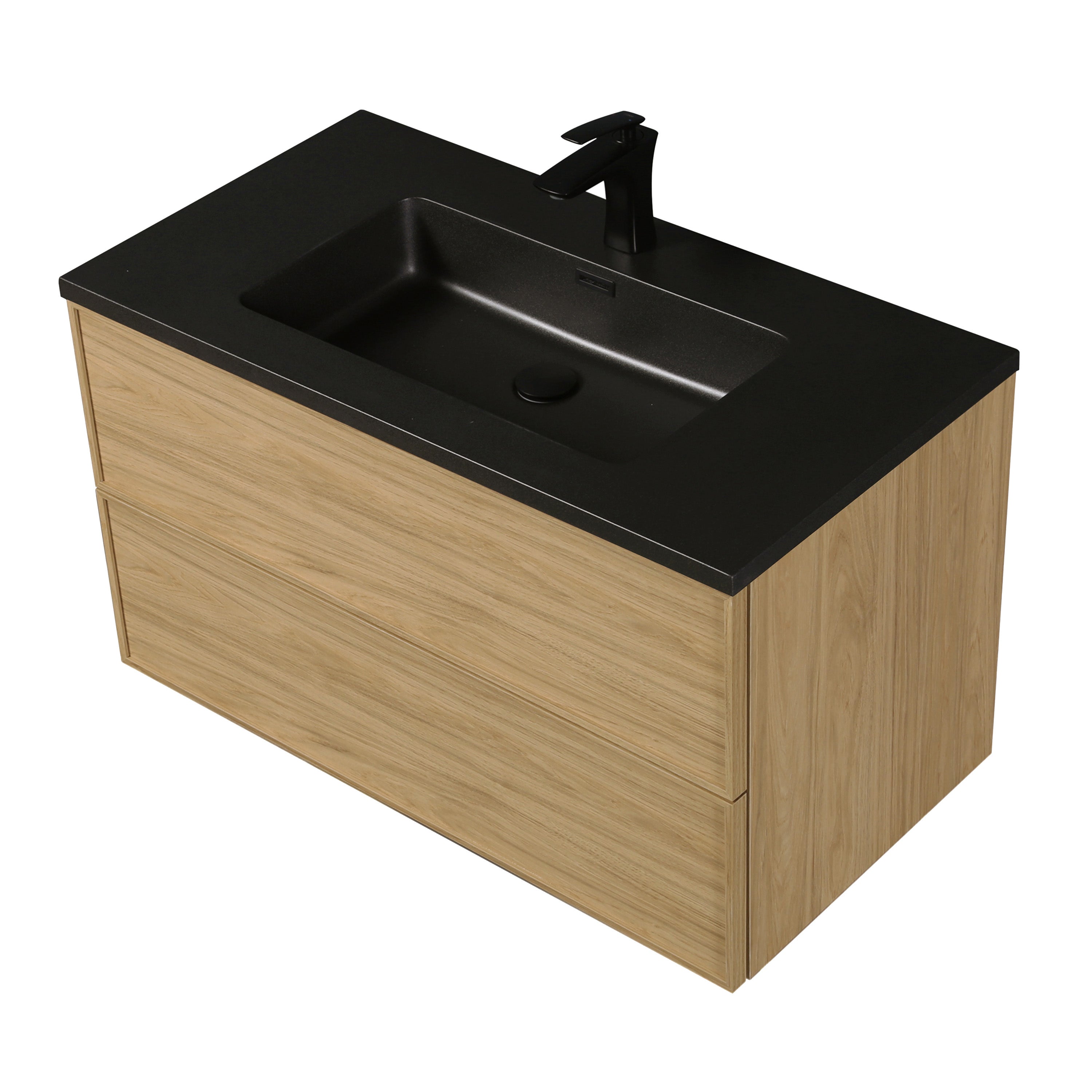 36" Sunset Walnut Wall Mount Bathroom Vanity with Black Engineered Quartz Countertop