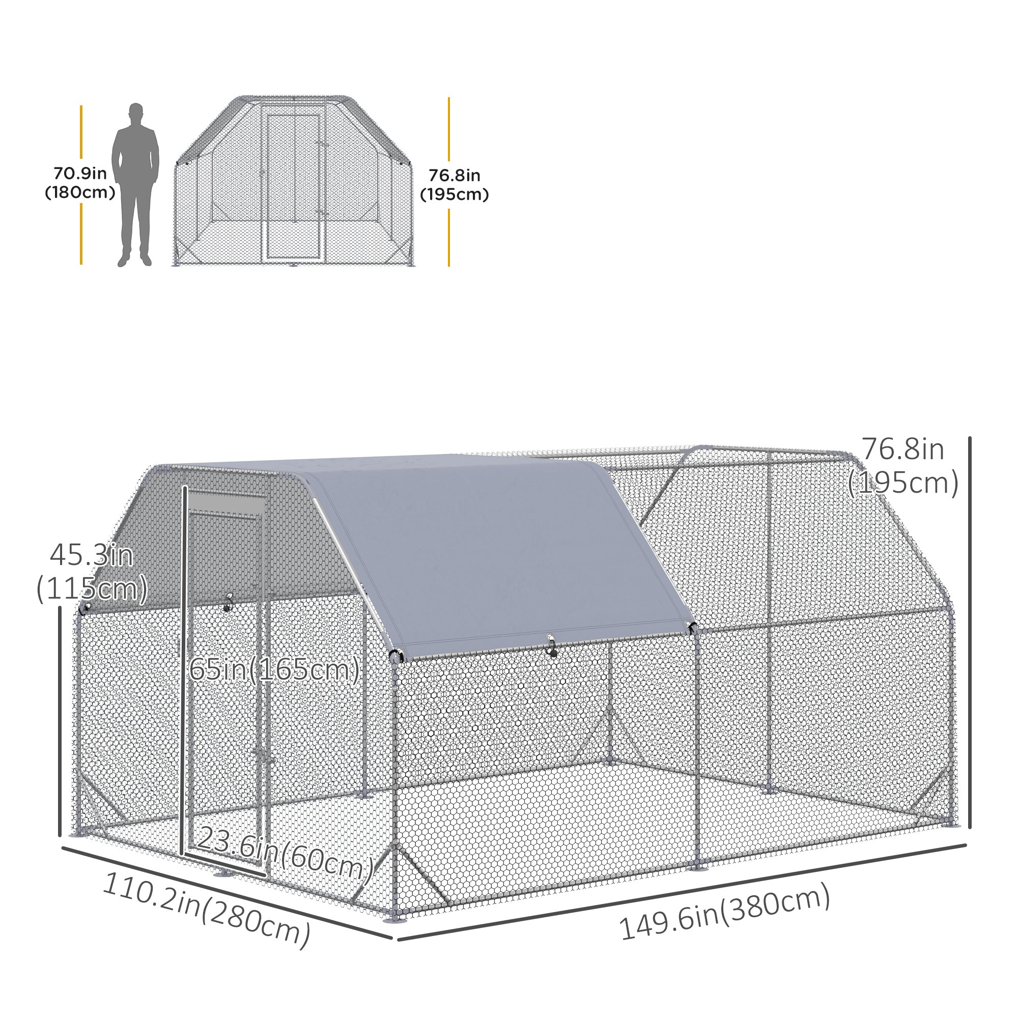Chicken Run Outdoor, Galvanized Large Metal Chicken Coop Cage, Walk-in Enclosure Poultry Hen Run House Playpen Rabbit Hutch with Flat Roof, Cover, 9.2'x12.5'x6.5', Silver