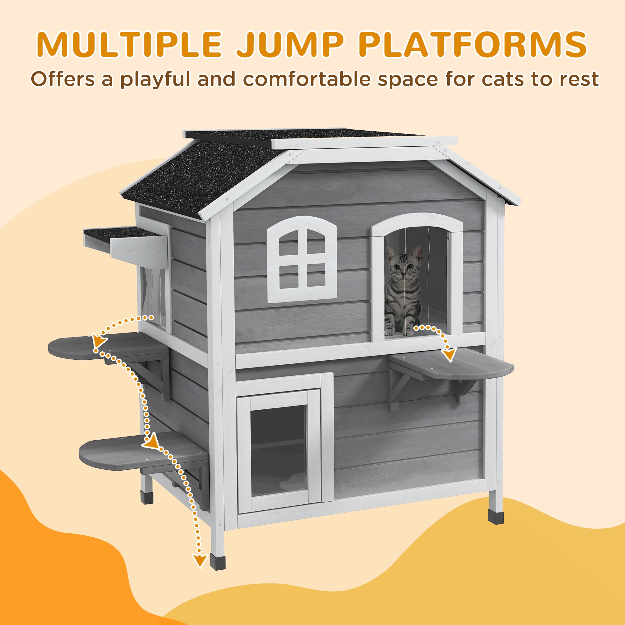 2-Storey Outdoor Cat House, Wooden Catio with Openable Roof, Lounge Space, Fun Entrances, for Feral Cats, Grey