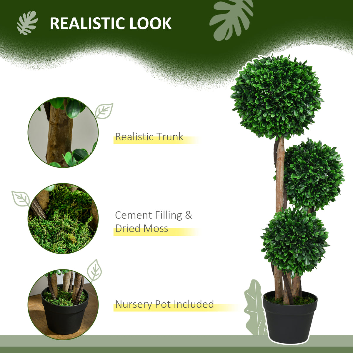 3ft Artificial Tree, Triple Ball Boxwood Topiary with Pot and Sandalwood Leaves, for Indoor Outdoor Home-Artificial Trees-DECOROLALA