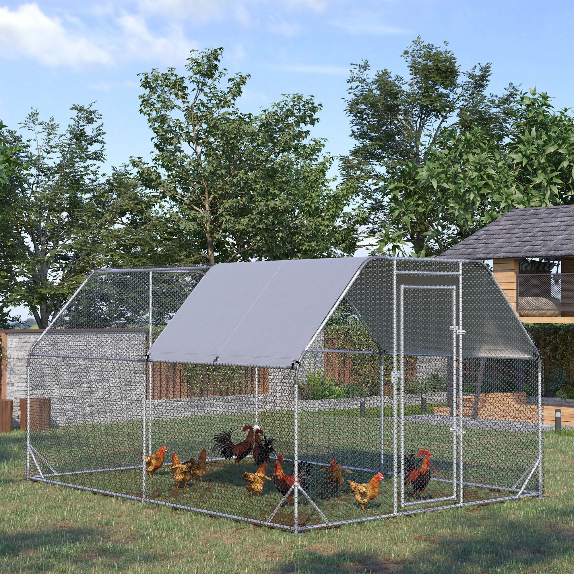 Chicken Run Outdoor, Galvanized Large Metal Chicken Coop Cage, Walk-in Enclosure Poultry Hen Run House Playpen Rabbit Hutch with Flat Roof, Cover, 9.2'x12.5'x6.5', Silver