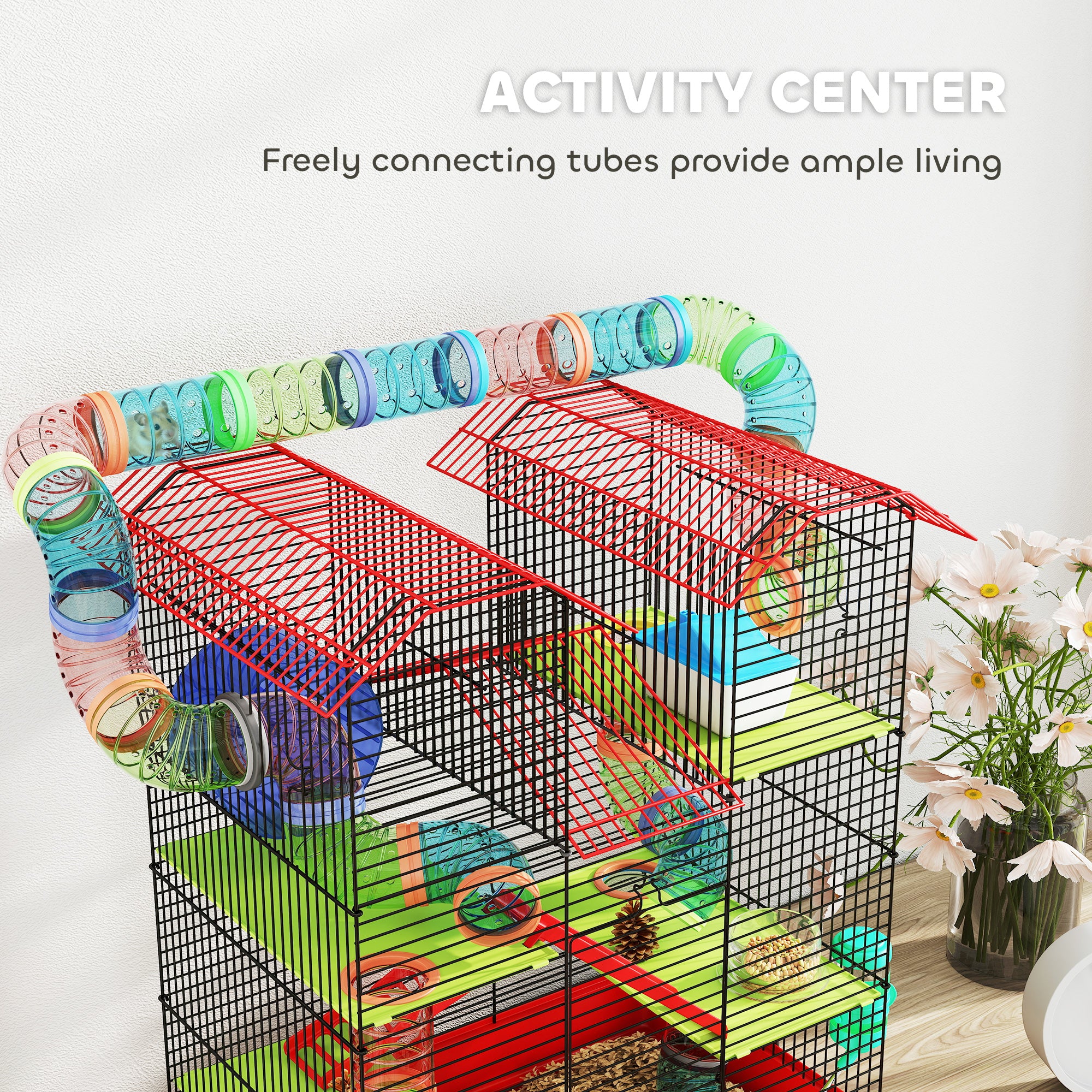 18.5" Hamster Cage, 5 Tiers Small Animal House with Tunnel Tube System, Exercise Wheel, Water Bottle, Red