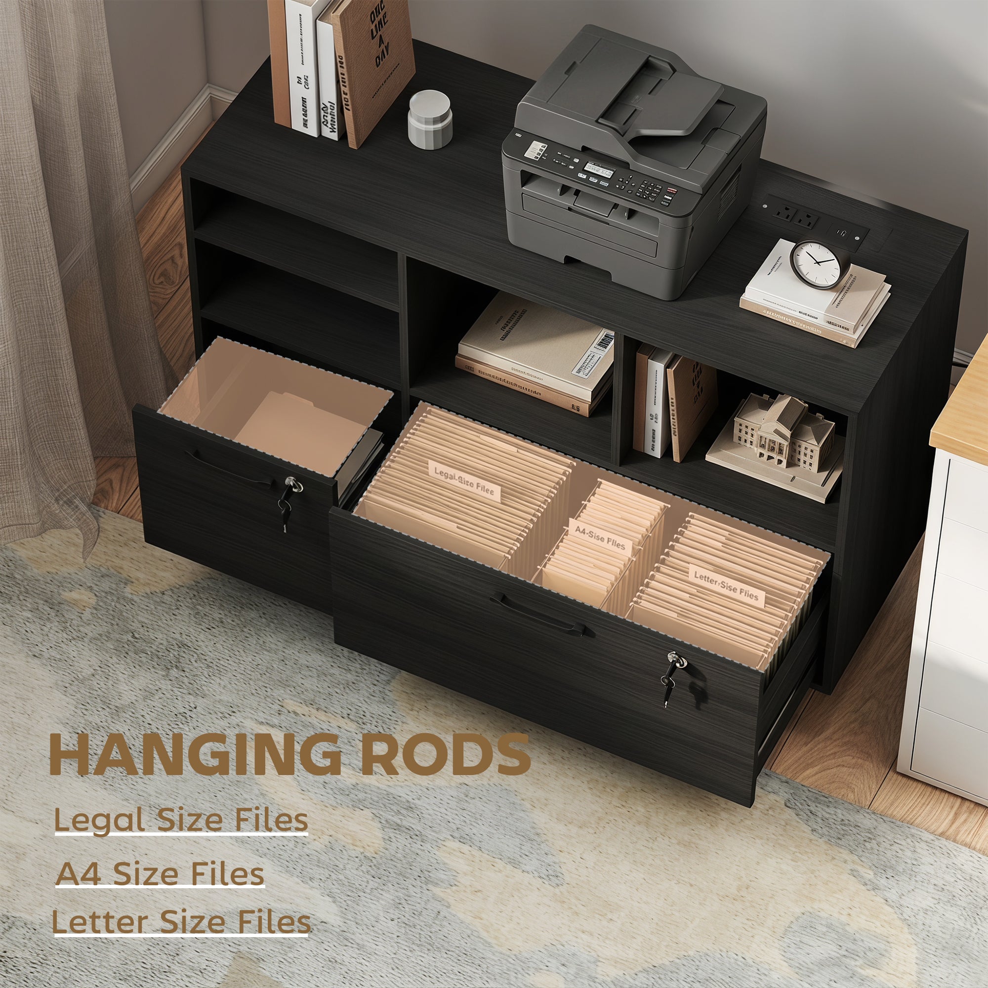 2-Drawer Mobile File Cabinet with Charging Station - Black