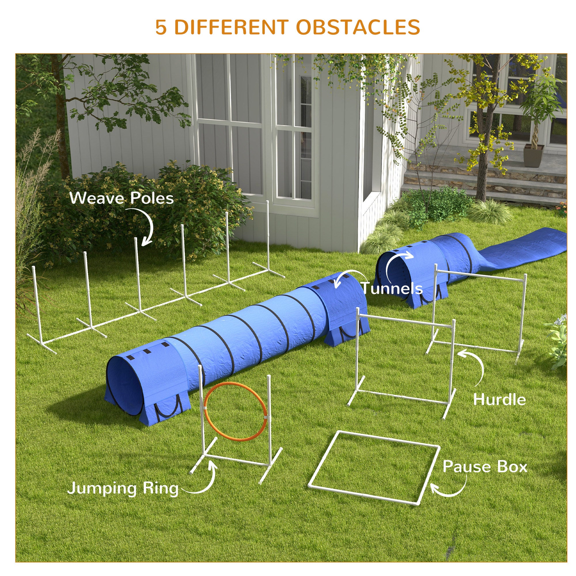 Kit d’agilité pour chien de 7 pièces avec tunnels, poteaux de slalom, haies réglables, anneau de saut, boîte de pause, sifflet et sac de transport, bleu
