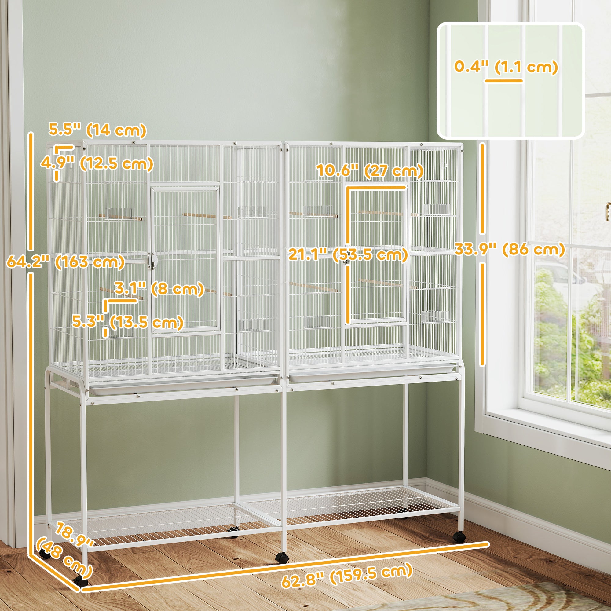 64" Large Rolling Bird Cage Bird House with Detachable Rolling Stand, Storage Shelf, Wood Perch Food Container, White