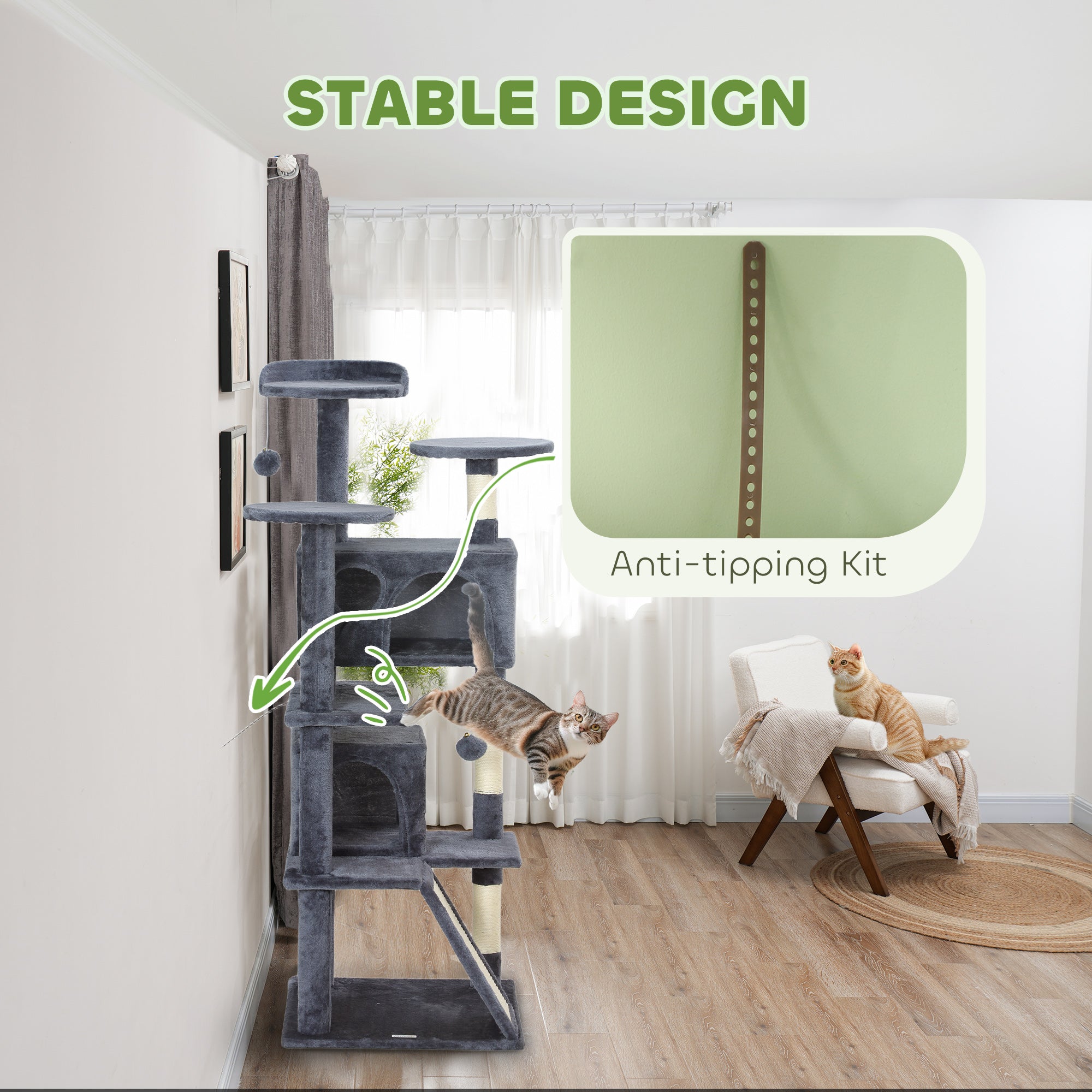 54" Cat Tree, Multi-Level Cat Tower with Scratching Posts, Cat Condos, Bed, Platforms, Ramp, Toy Ball, Dark Grey