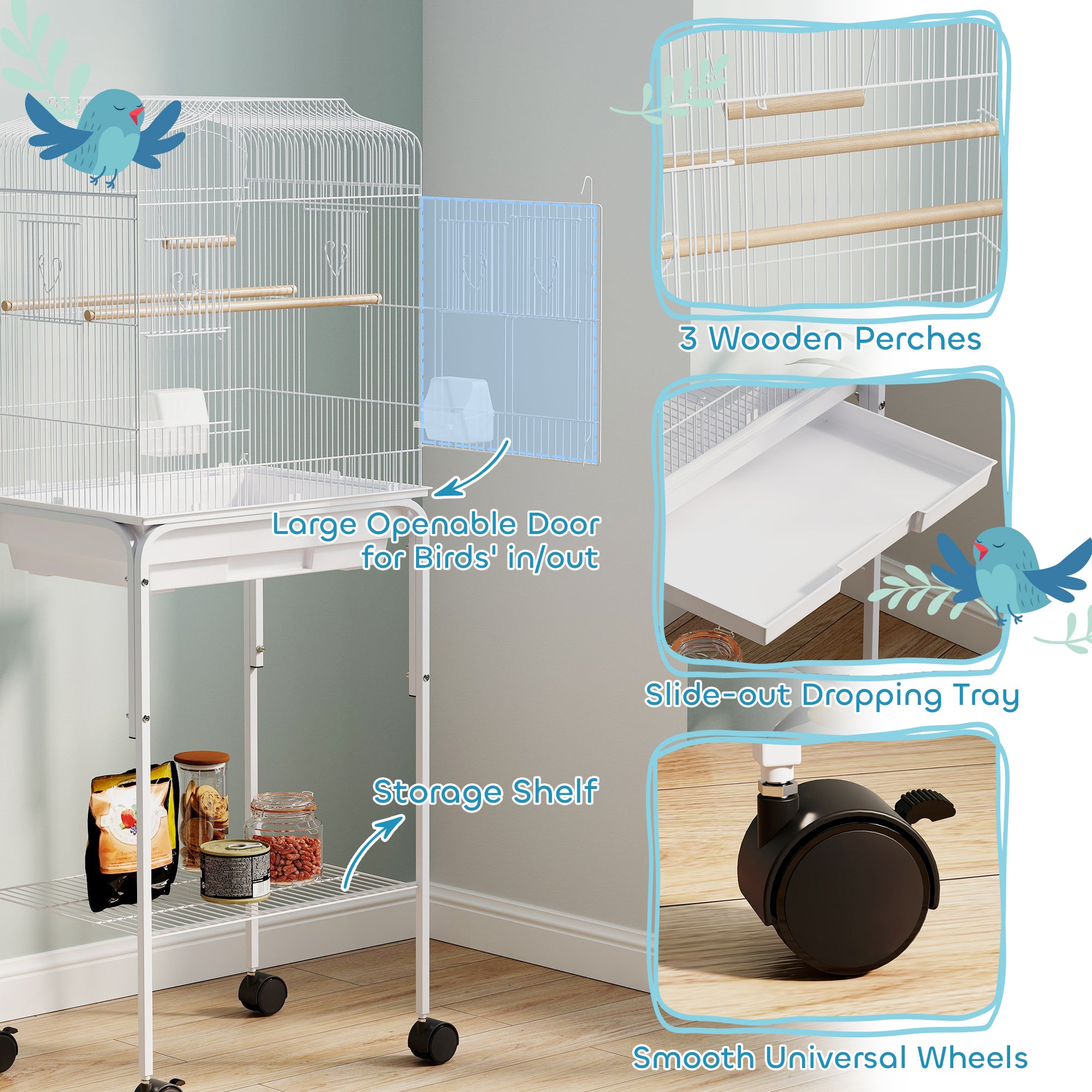 49" Rolling Bird Cage Cockatoo House Play Top Finch Pet Supply with Storage Shelf, Wheels - White