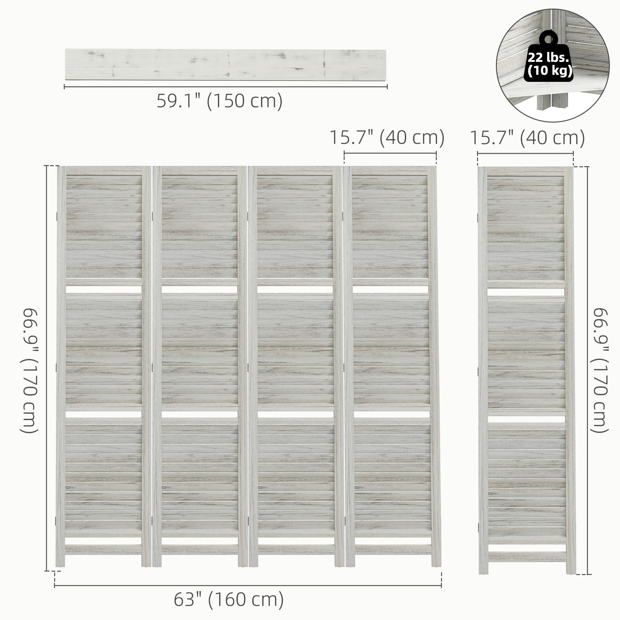 4-Panel Wall Partition Room Separator with 3 Storage Shelves Foldable Design Wooden Frame 5.6FT Distressed White