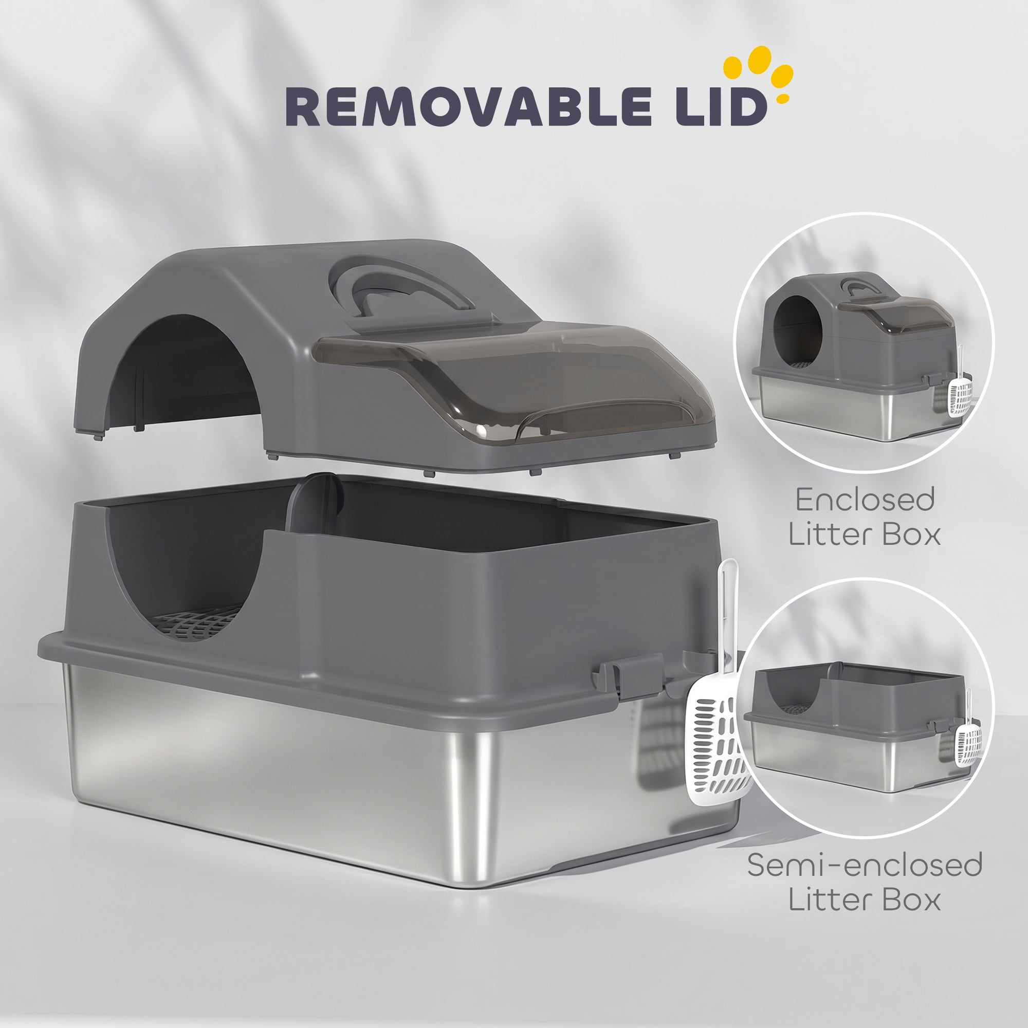 Extra Large Stainless Steel Cat Litter Box w/ High Sided, Removable Lid, Scoop, Odor Free, Non-Sticky, Dark Grey