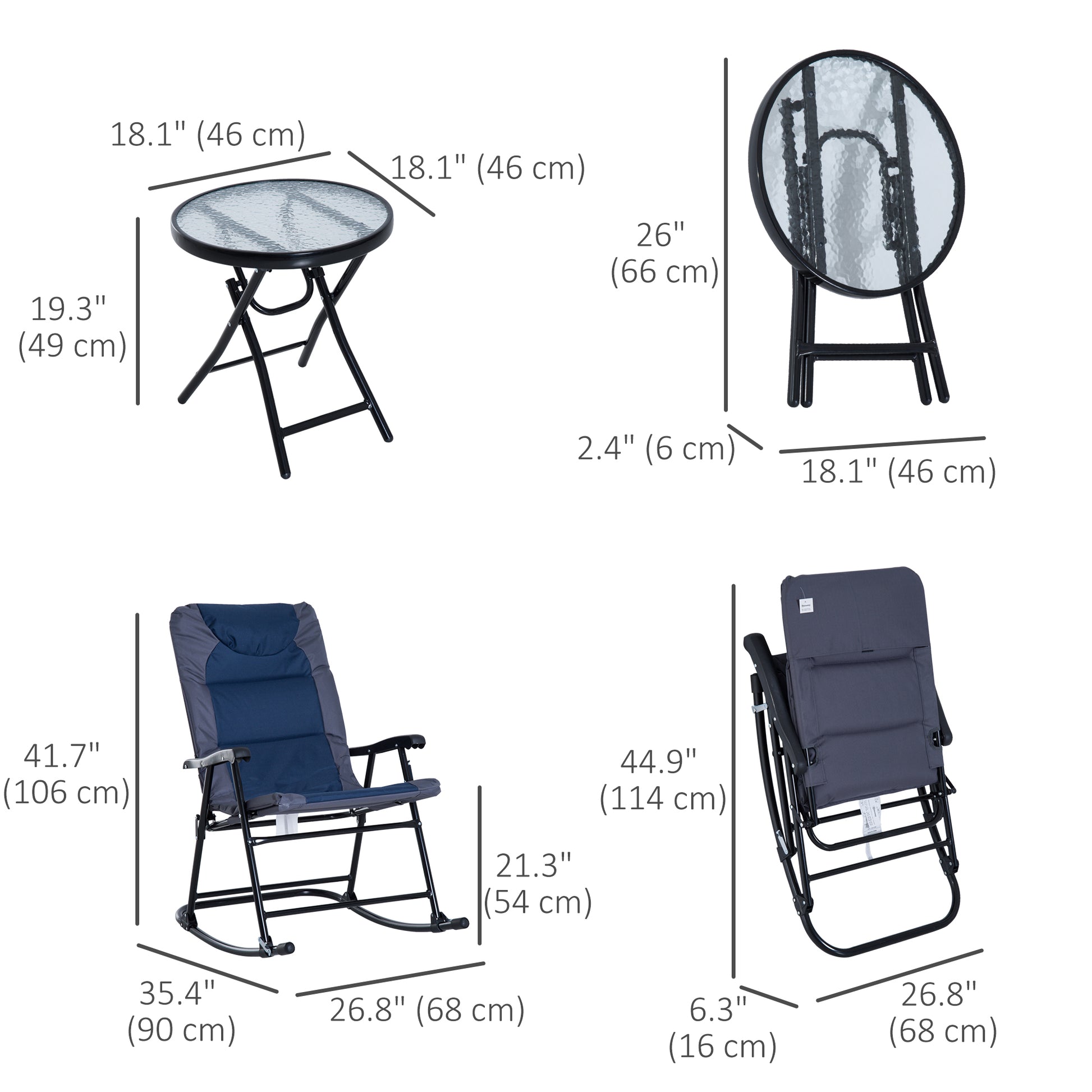 3pc Blue Patio Rocking Chair & Table Set with Padded Comfort, Folding Design-DECOROLALA