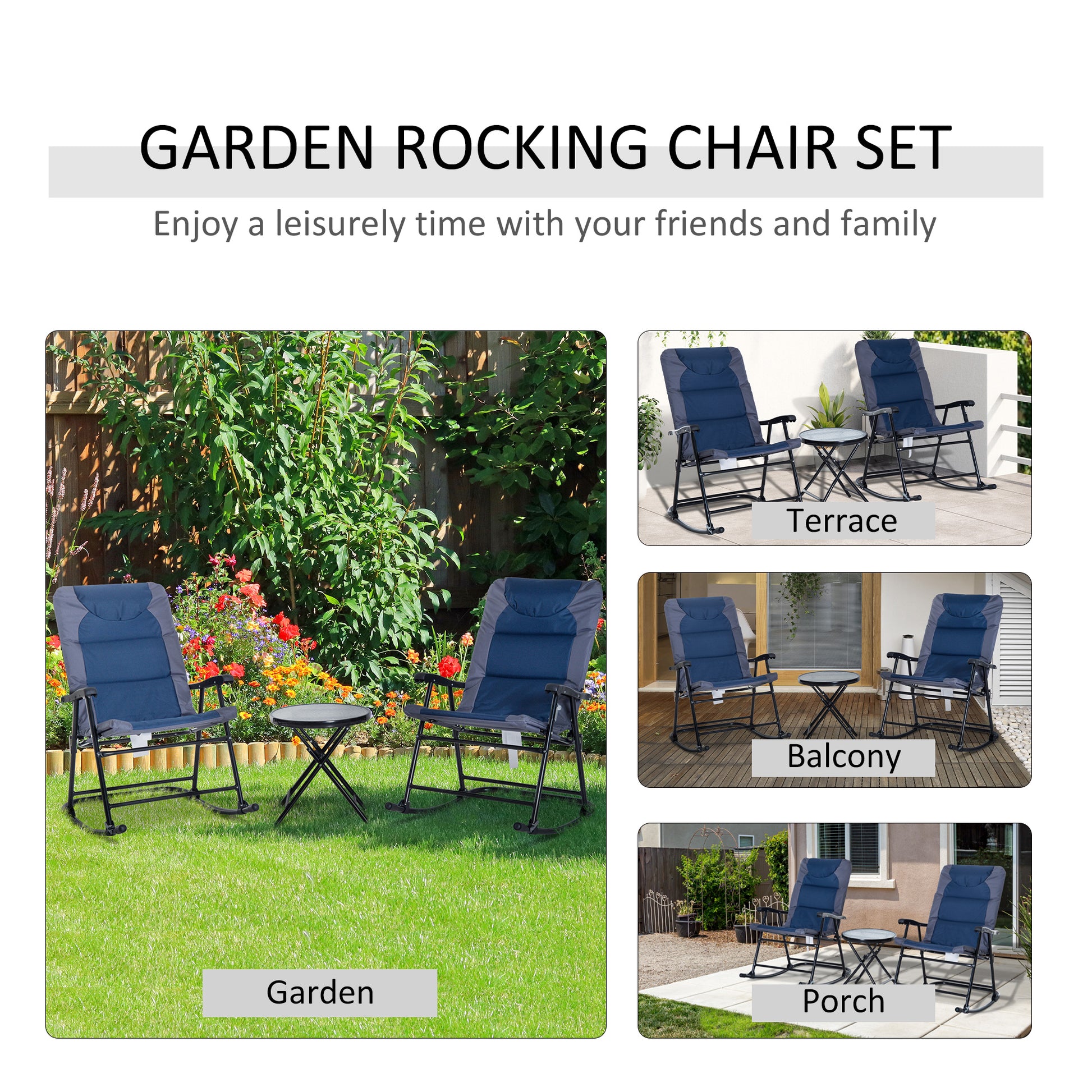3pc Blue Patio Rocking Chair & Table Set with Padded Comfort, Folding Design-DECOROLALA
