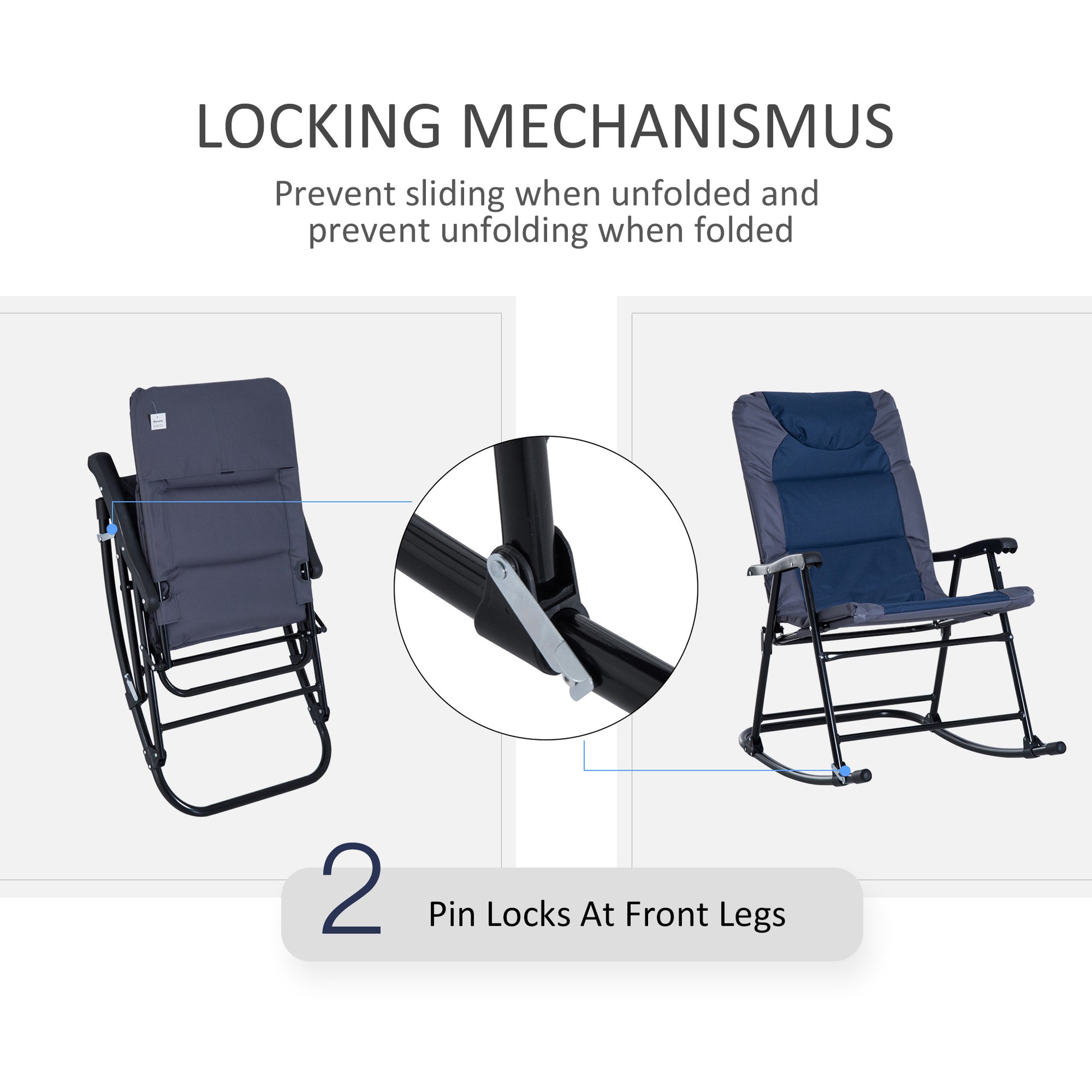 3pc Blue Patio Rocking Chair & Table Set with Padded Comfort, Folding Design-DECOROLALA