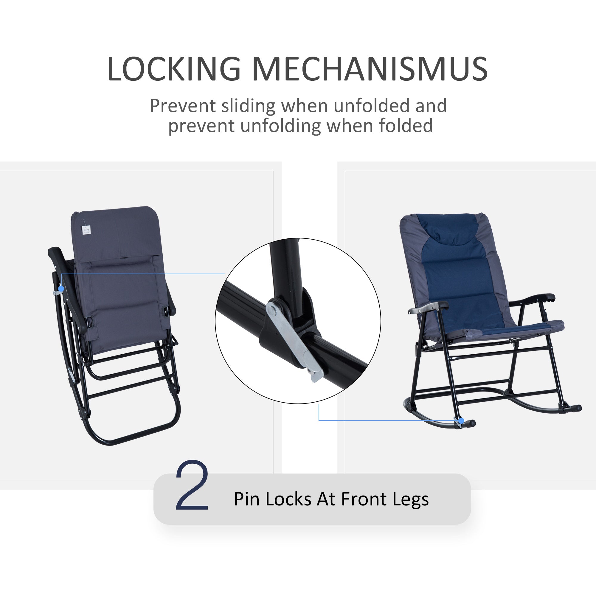 3pc Blue Patio Rocking Chair & Table Set with Padded Comfort, Folding Design-DECOROLALA