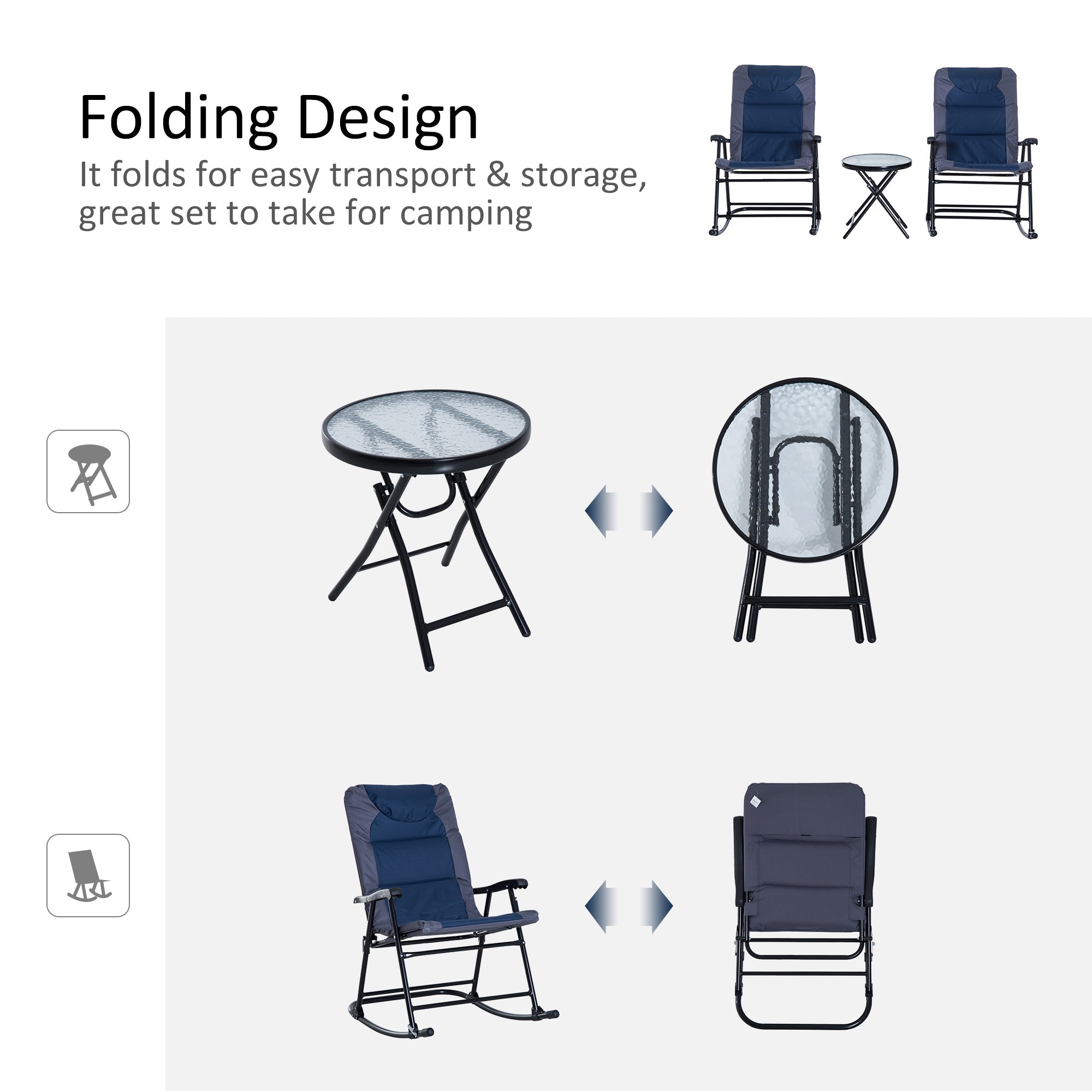 3pc Blue Patio Rocking Chair & Table Set with Padded Comfort, Folding Design-DECOROLALA