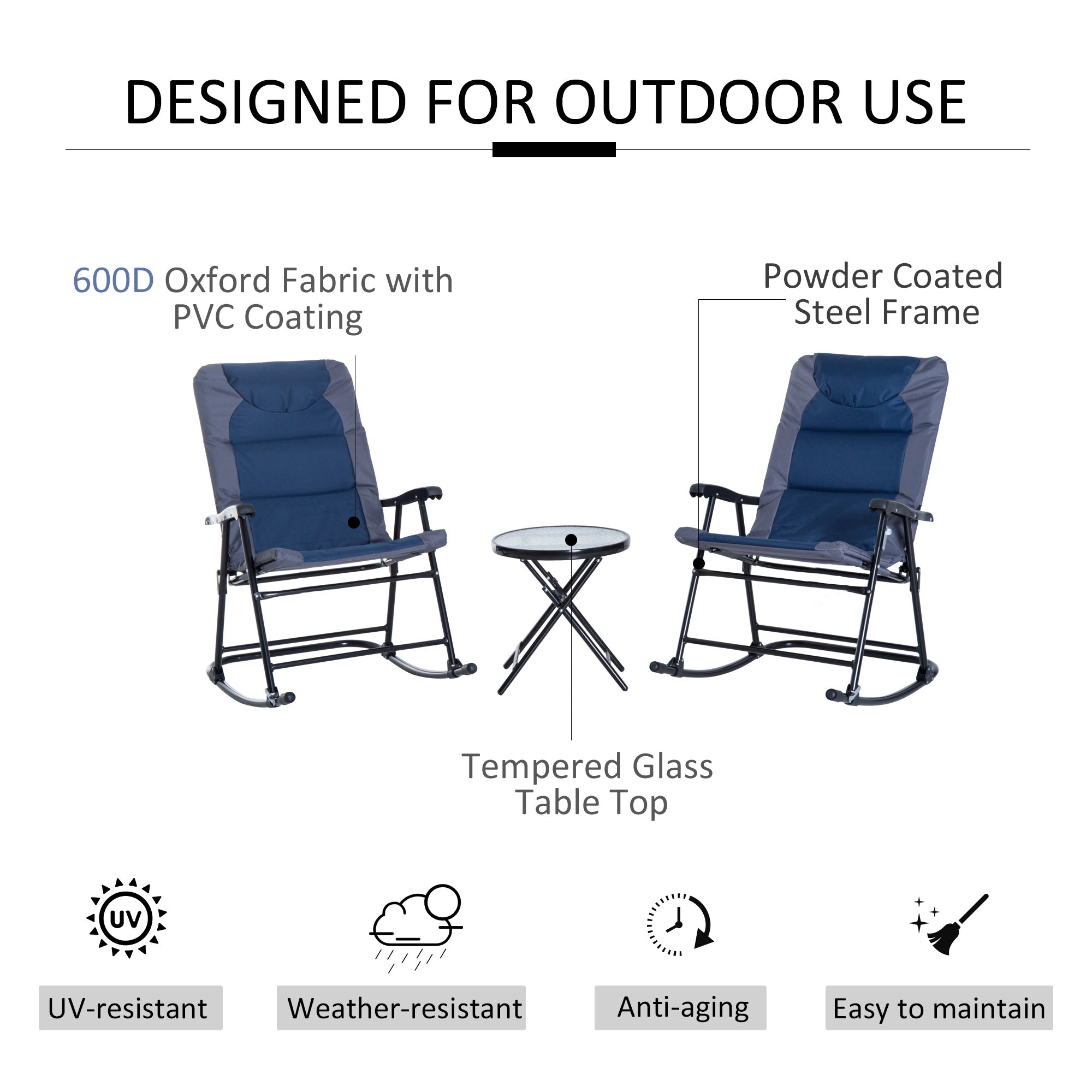 3pc Blue Patio Rocking Chair & Table Set with Padded Comfort, Folding Design-DECOROLALA
