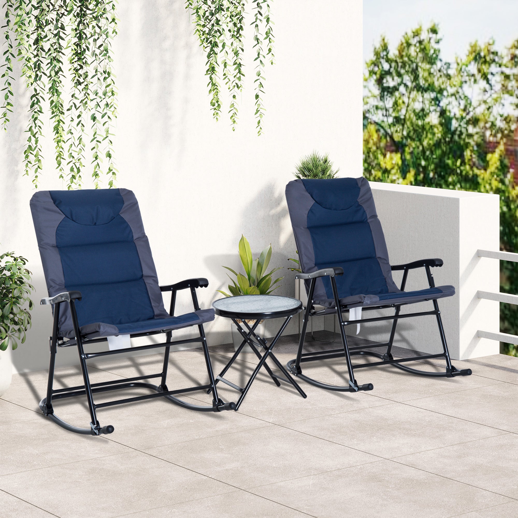 3pc Blue Patio Rocking Chair & Table Set with Padded Comfort, Folding Design-DECOROLALA