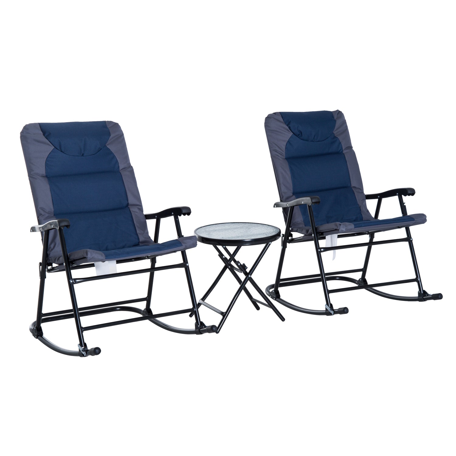 3pc Blue Patio Rocking Chair & Table Set with Padded Comfort, Folding Design-DECOROLALA
