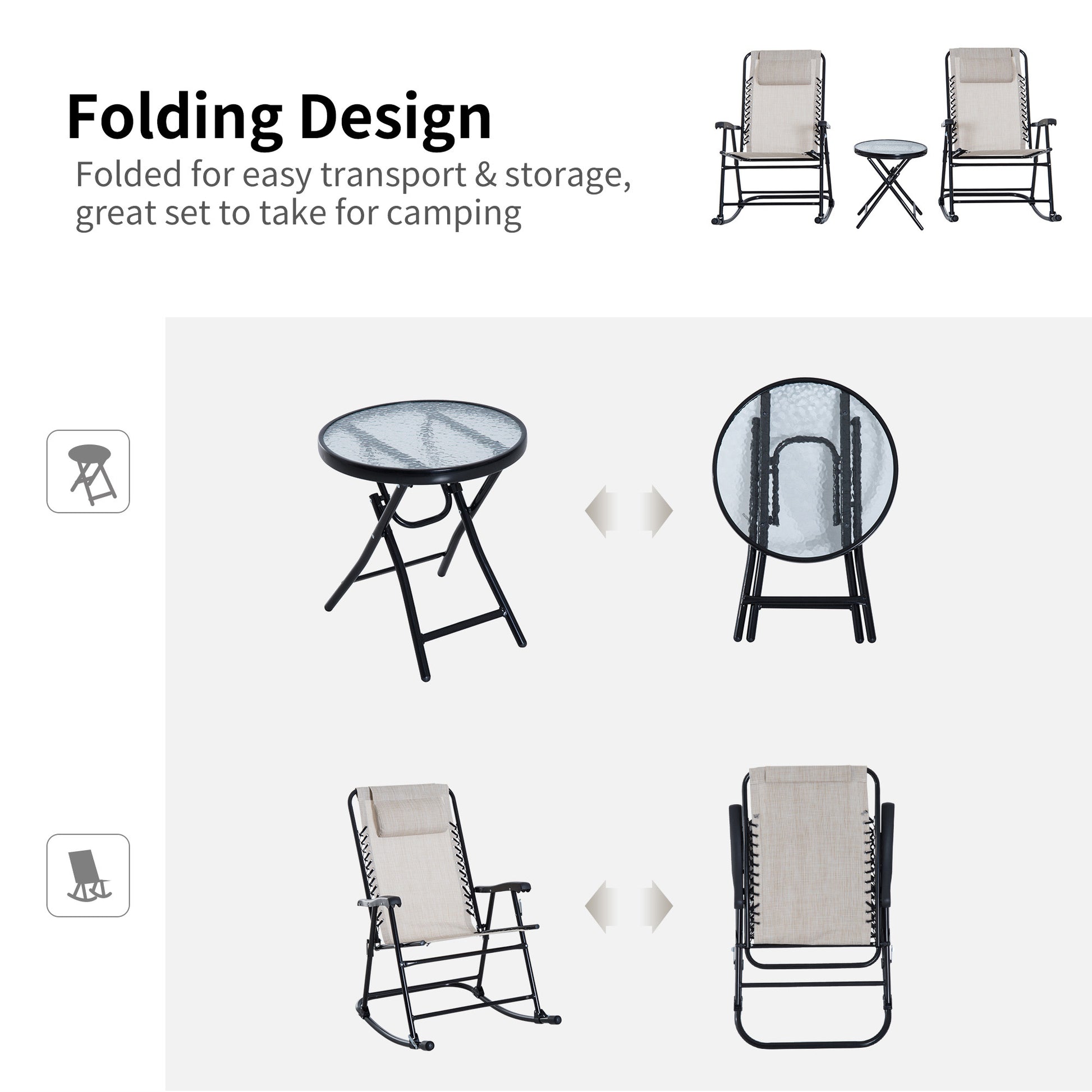3pc Patio Rocking Chair Set - Cream White Folding-DECOROLALA